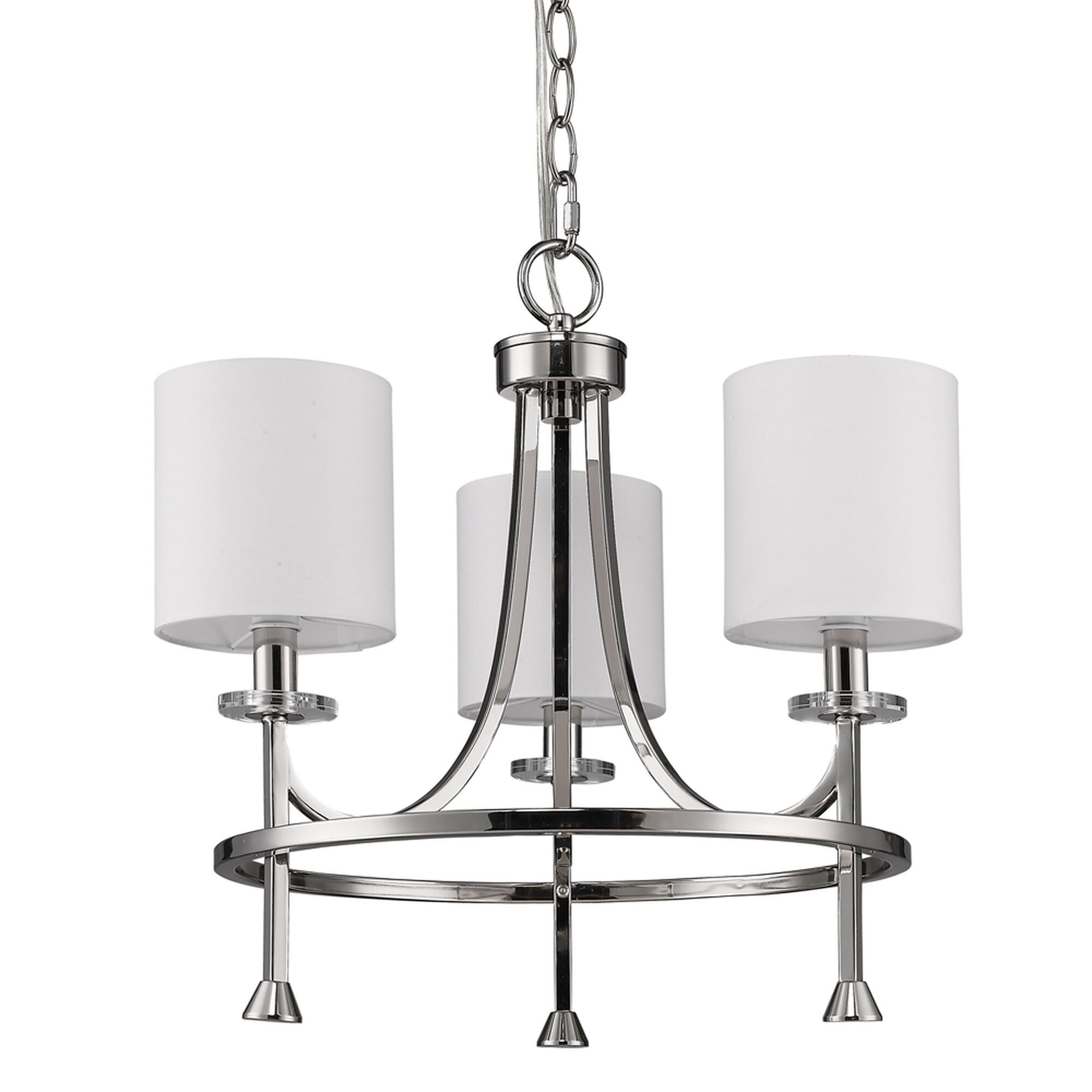 Shown in Polished Nickel finish and White glass and White Cylindrical Fabric s shade