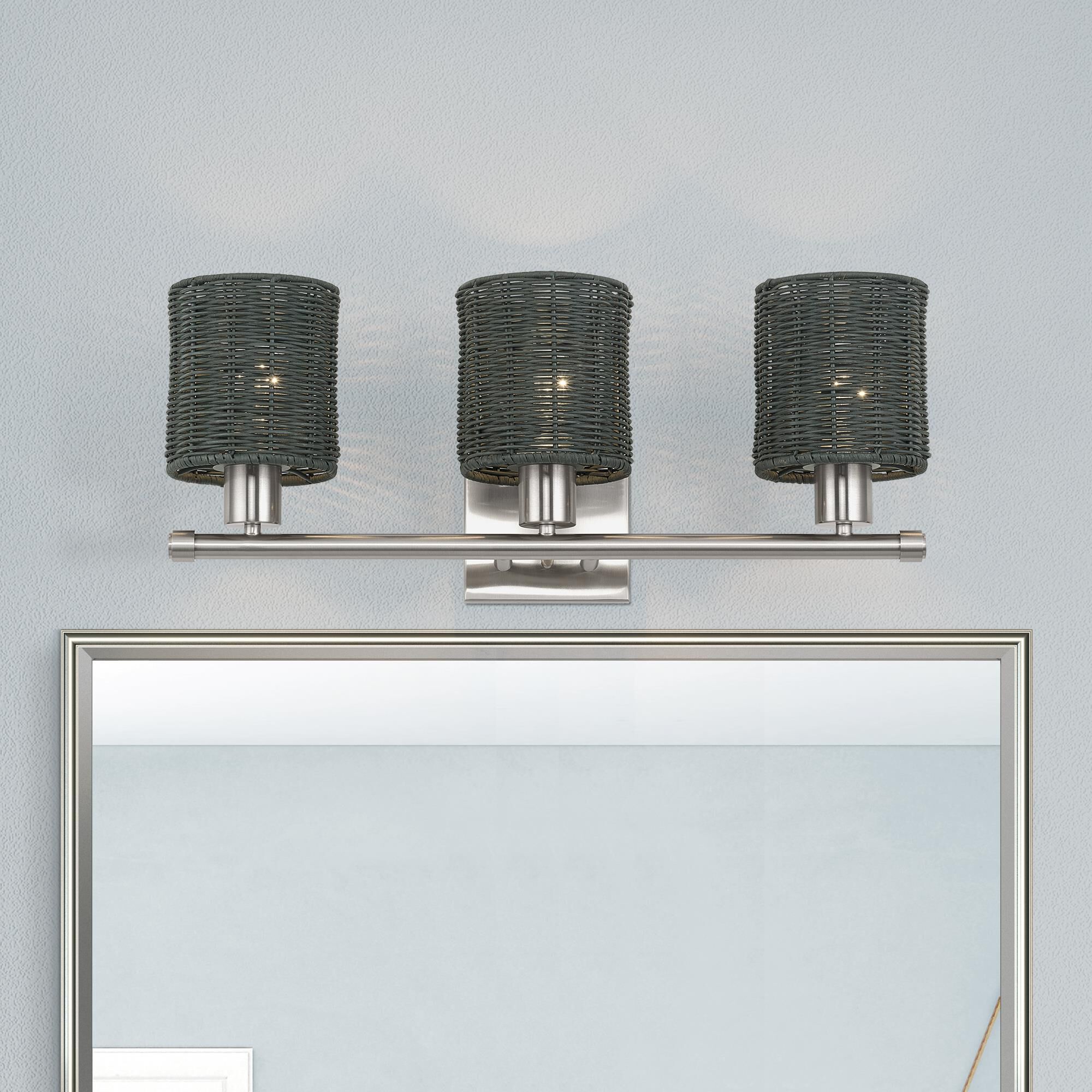 Shown in Brushed Nickel finish and Hand-Woven Charred Gray Color Rattan shade