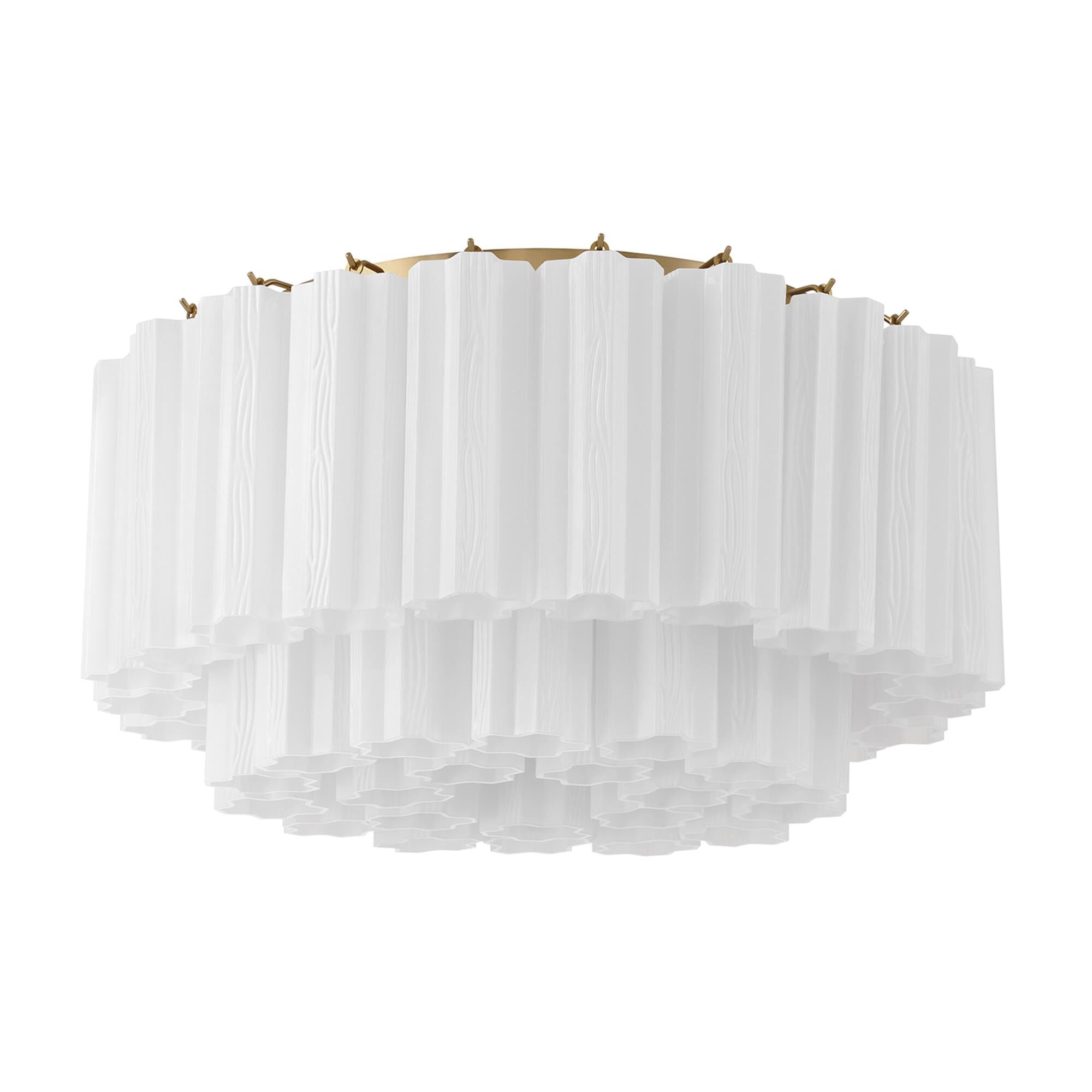 Shown in Aged Brass finish and Tronchi White glass