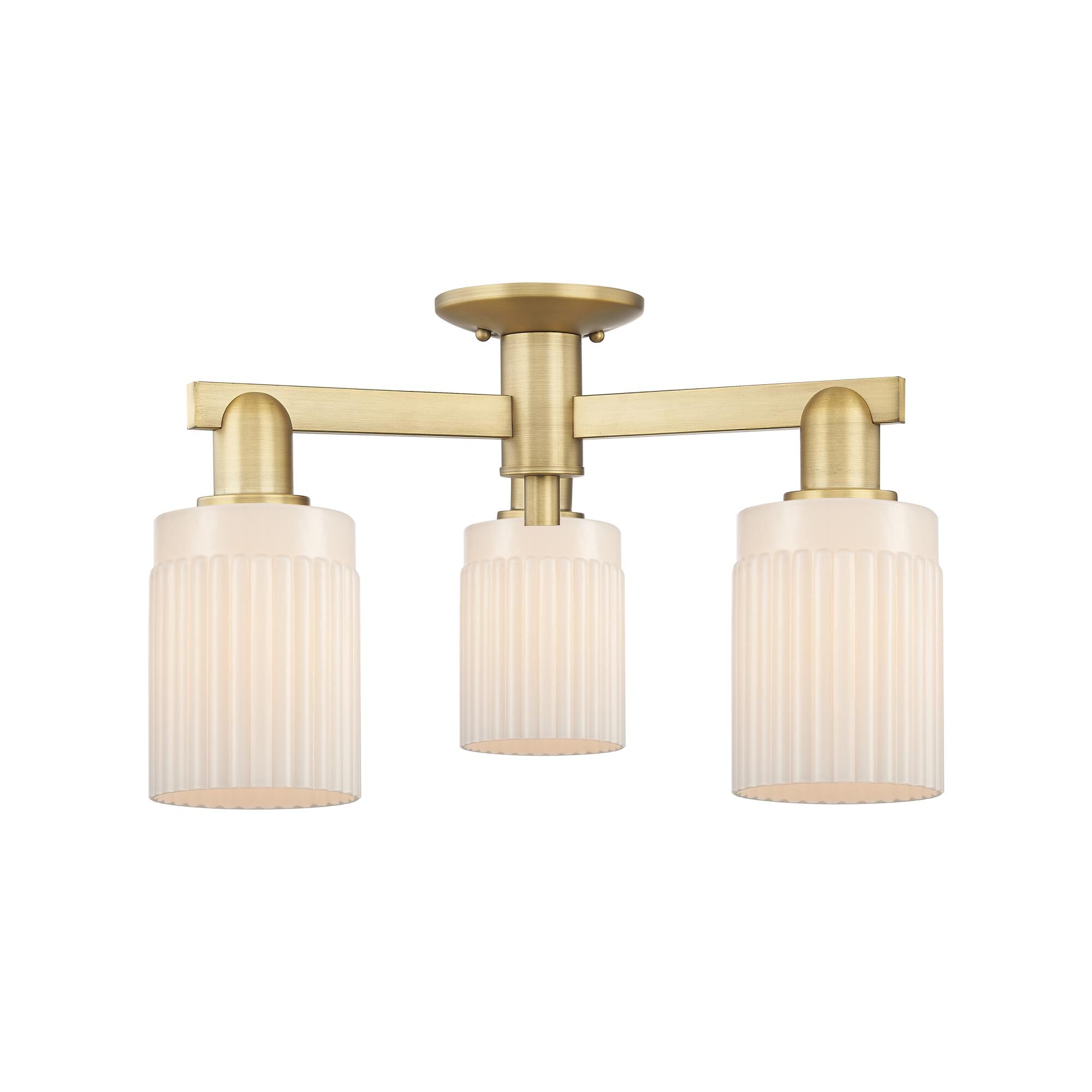 Shown in Brushed Brass finish and Matte White glass