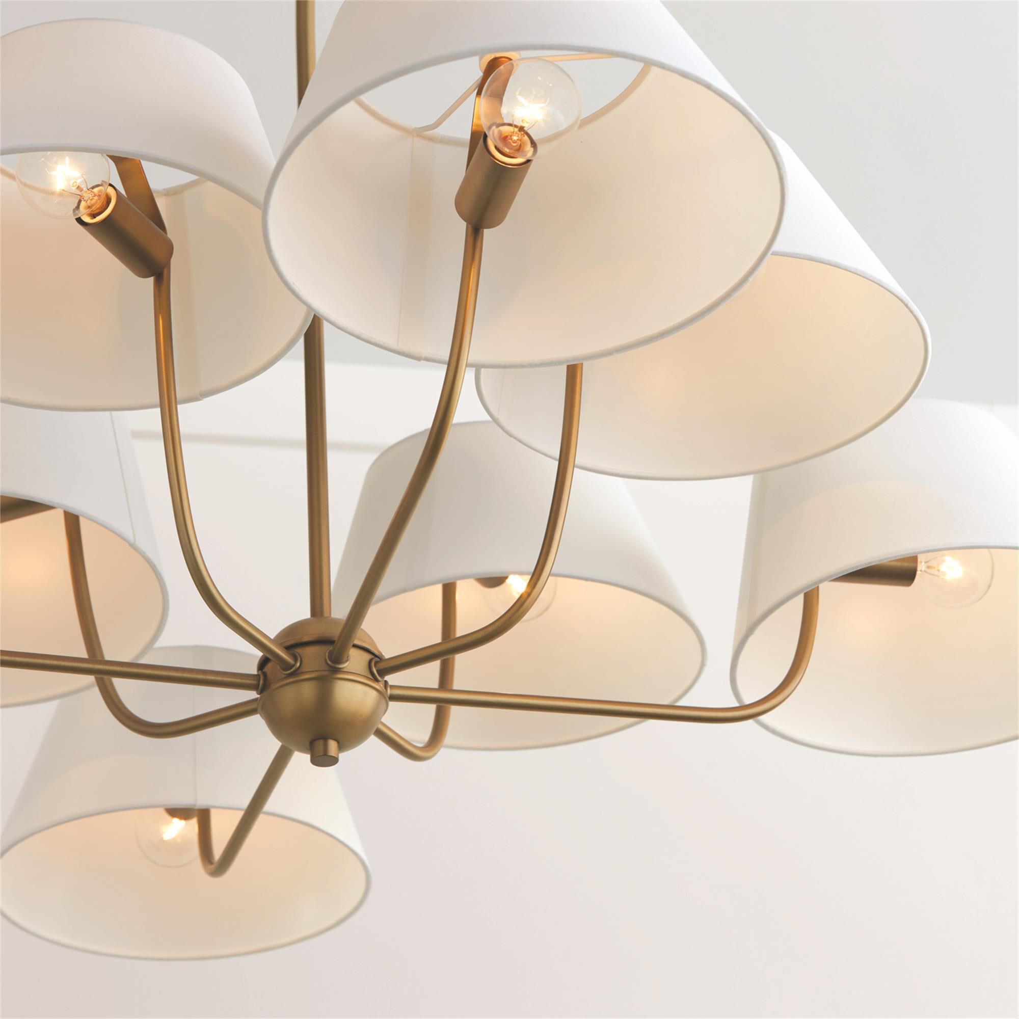 Shown in Aged Brass finish and White Fabric shade