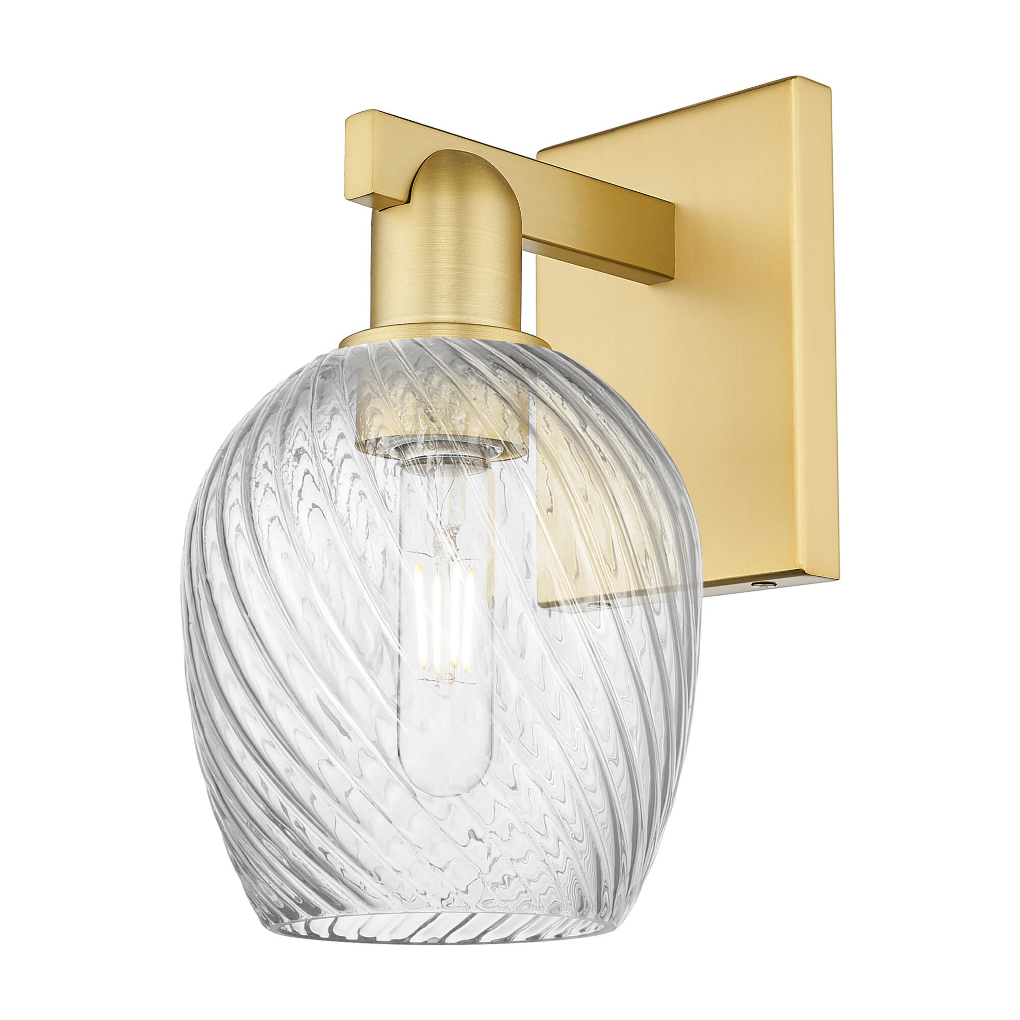 Shown in Satin Gold finish and Clear Spiral Fluted glass