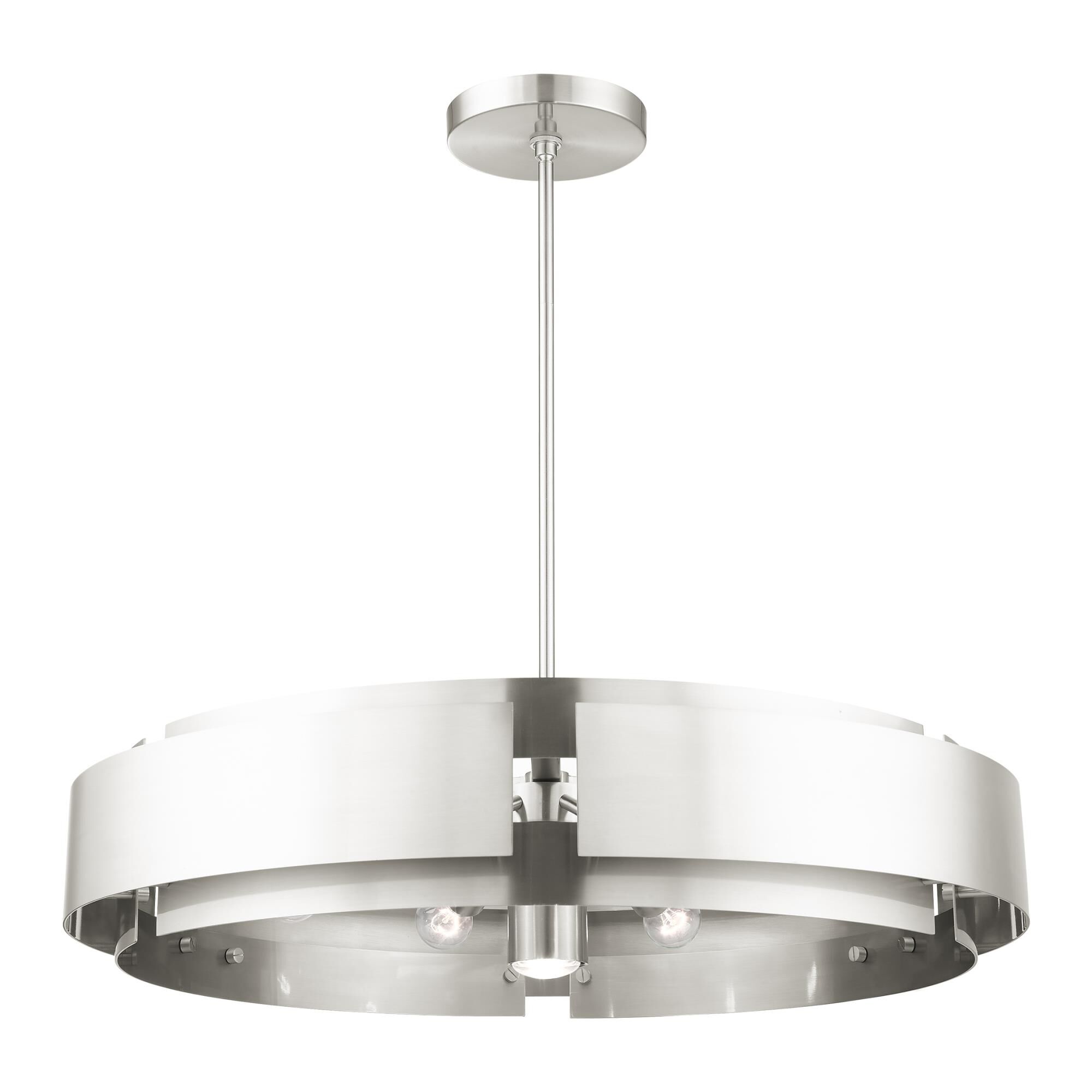 Shown in Brushed Nickel finish and Brushed Nickel Drum Shade glass and Brushed Nickel Drum shade
