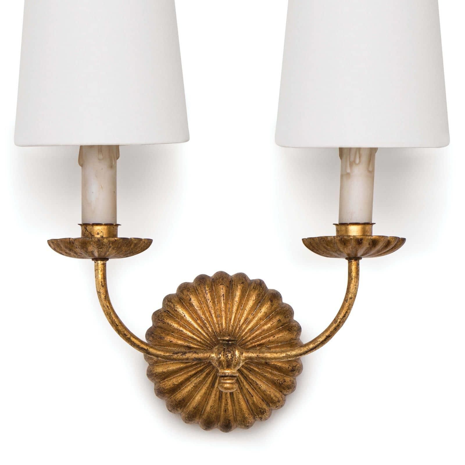 Shown in Antique Gold Leaf finish and Linen shade