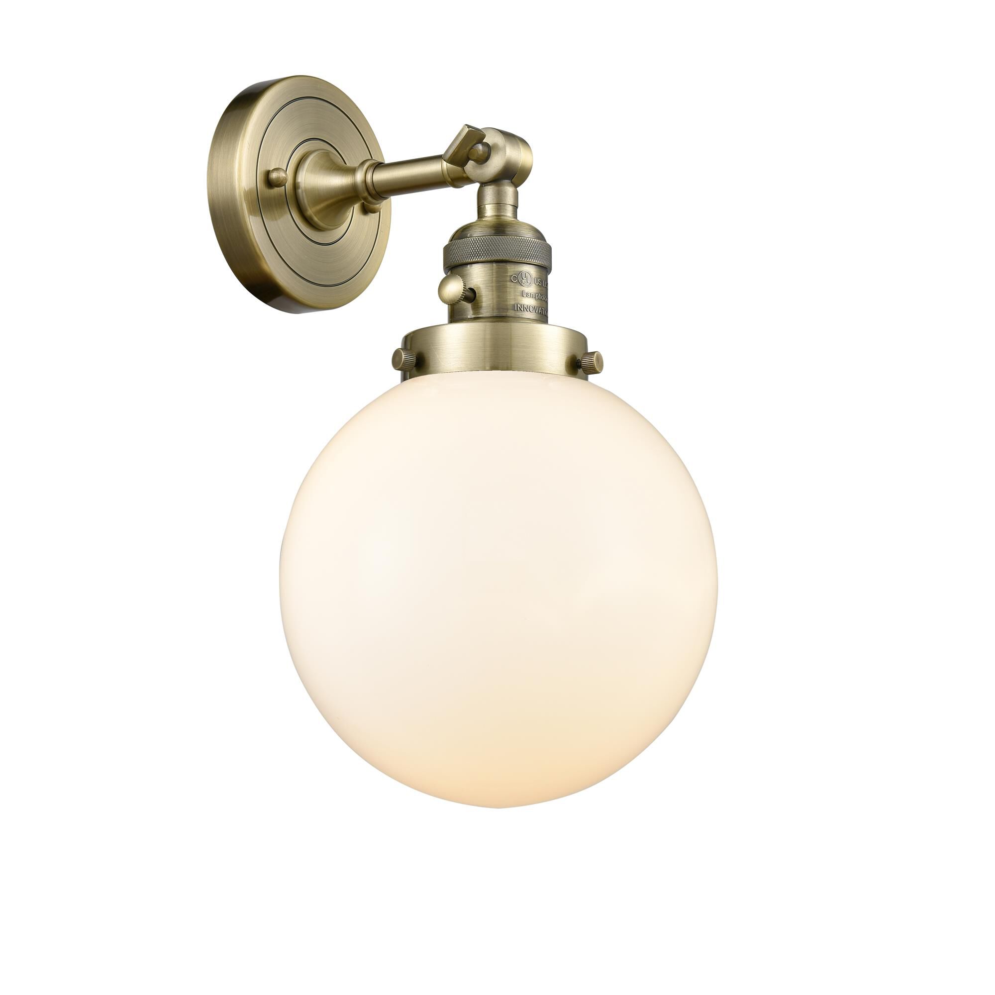 Shown in Antique Brass finish and Matte White Cased glass and Switch on Socket accent