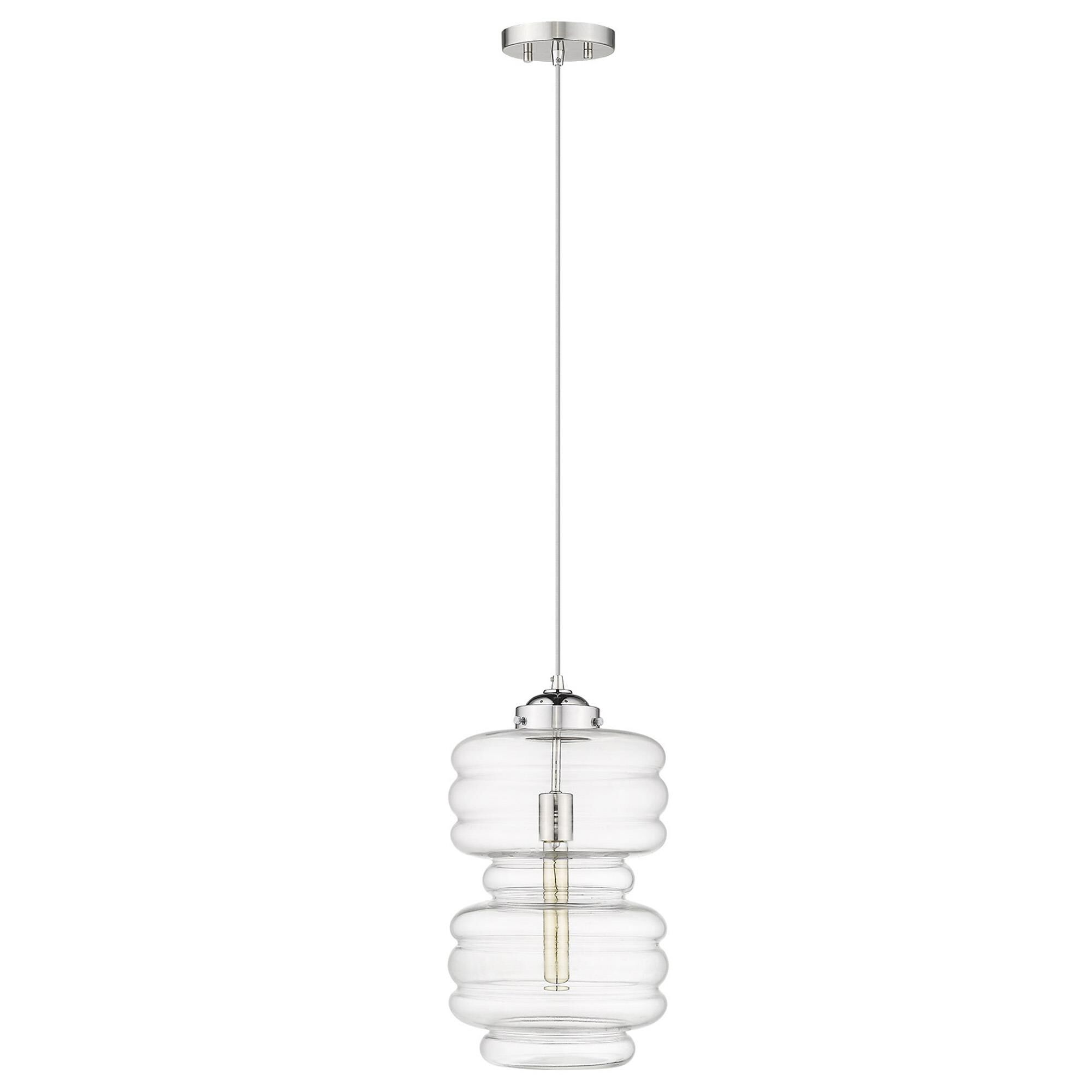 Shown in Polished Nickel finish and Clear glass and Clear, Abstract Shaped Glass Globes shade