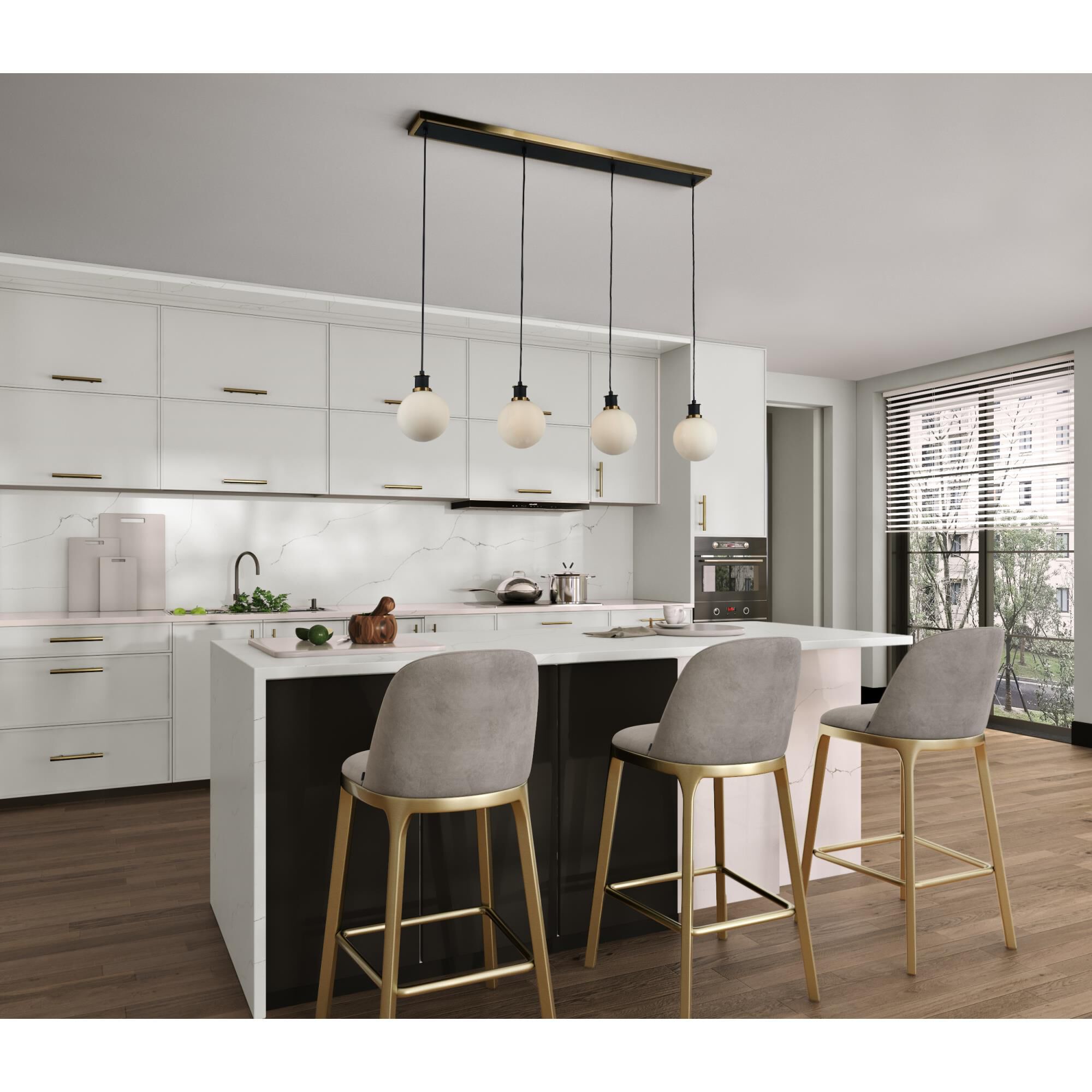 Shown in Black and Brushed Brass finish and White glass