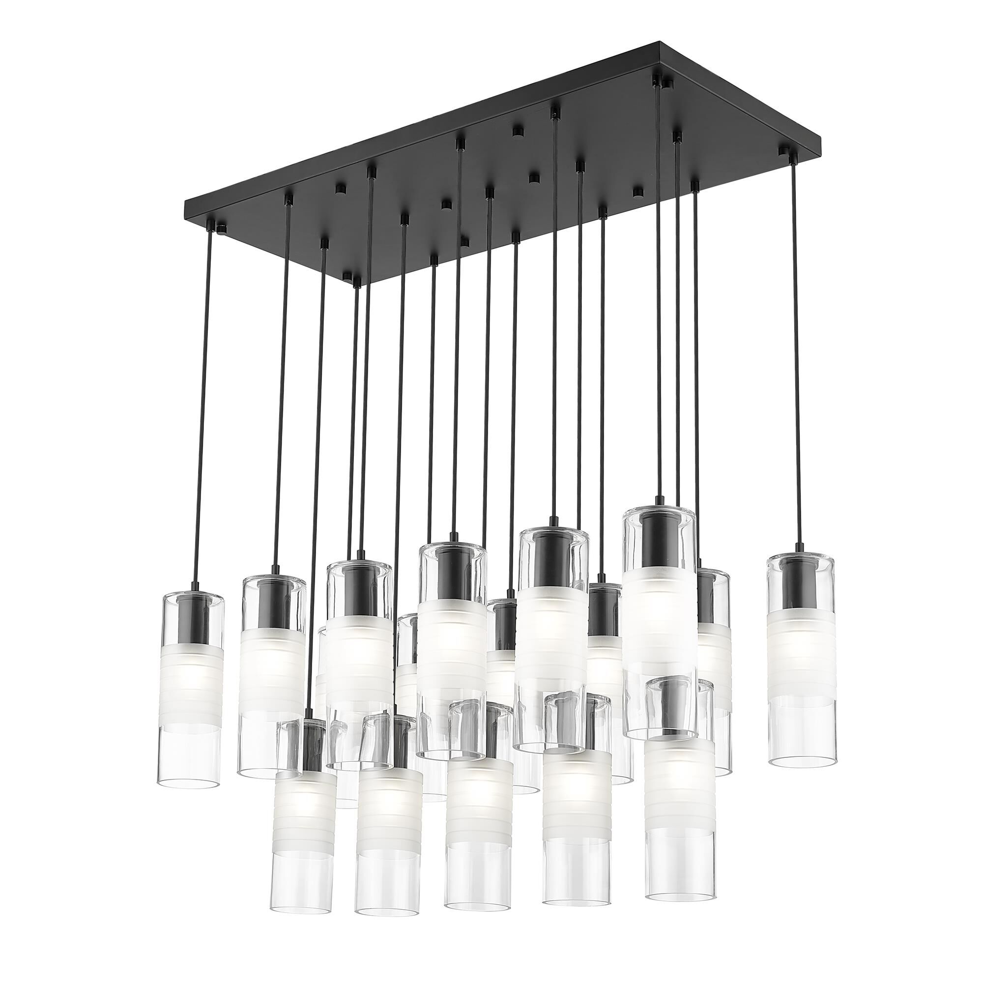 Shown in Matte Black finish and Clear+frosted glass and Clear+frosted shade