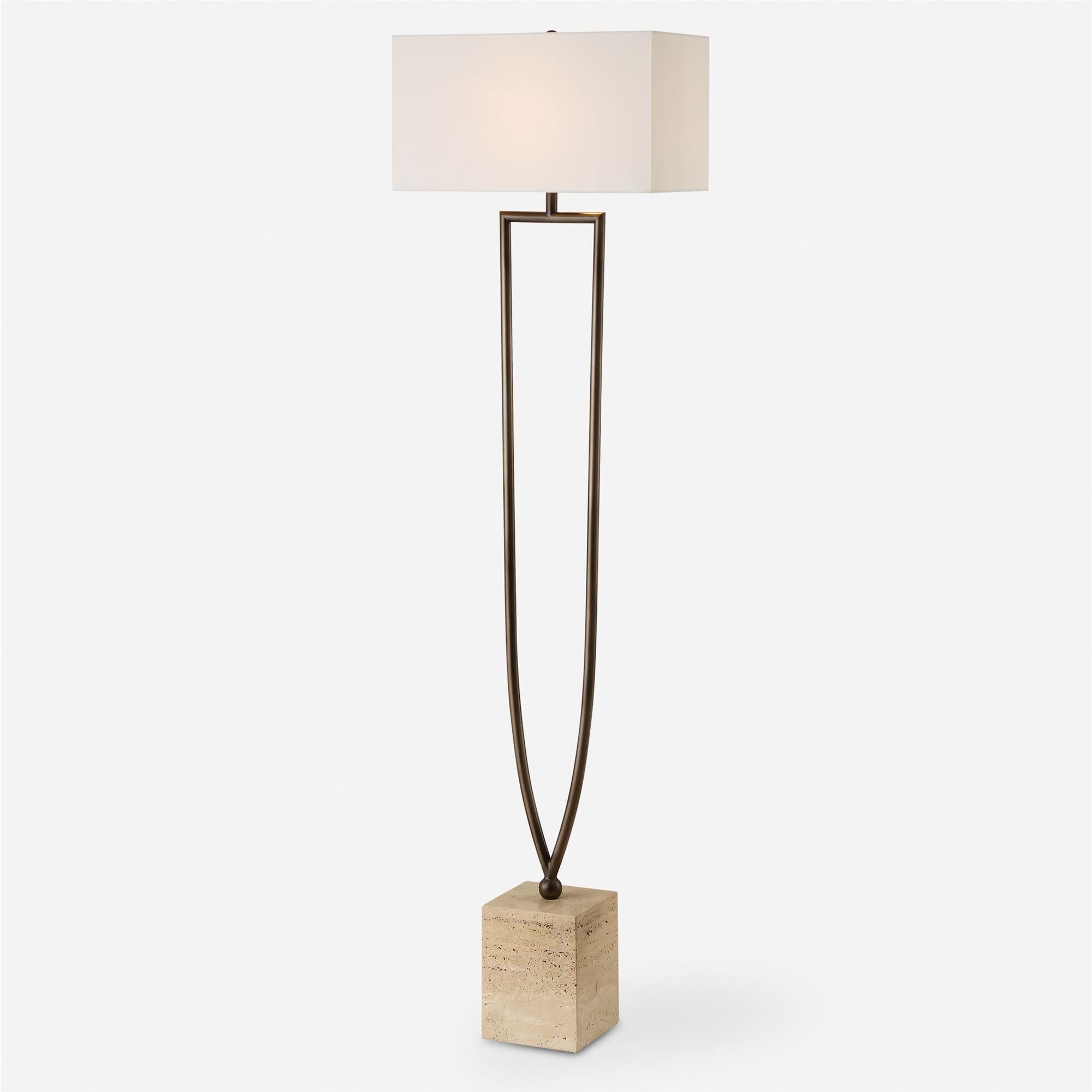 Shown in This Floor Lamp Features A Unique Split Iron Column Finished In A Warm Dark Bronze, Displayed On A S finish and Rectangle Hardback shade