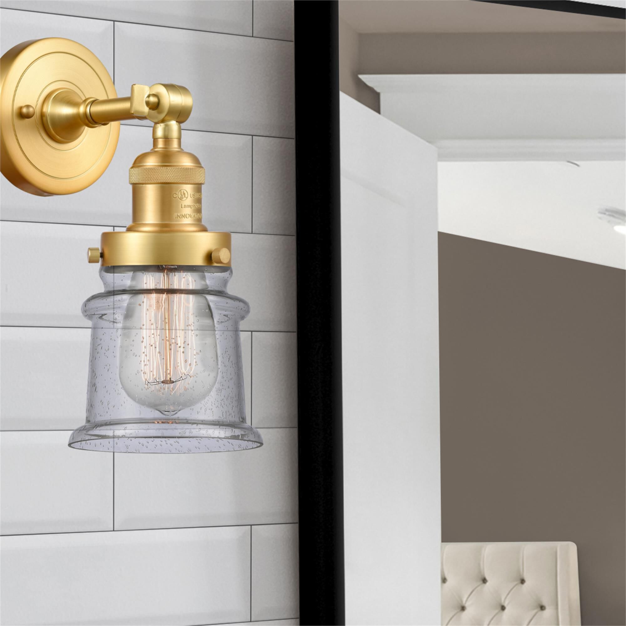 Shown in Satin Gold finish and Seedy Canton glass