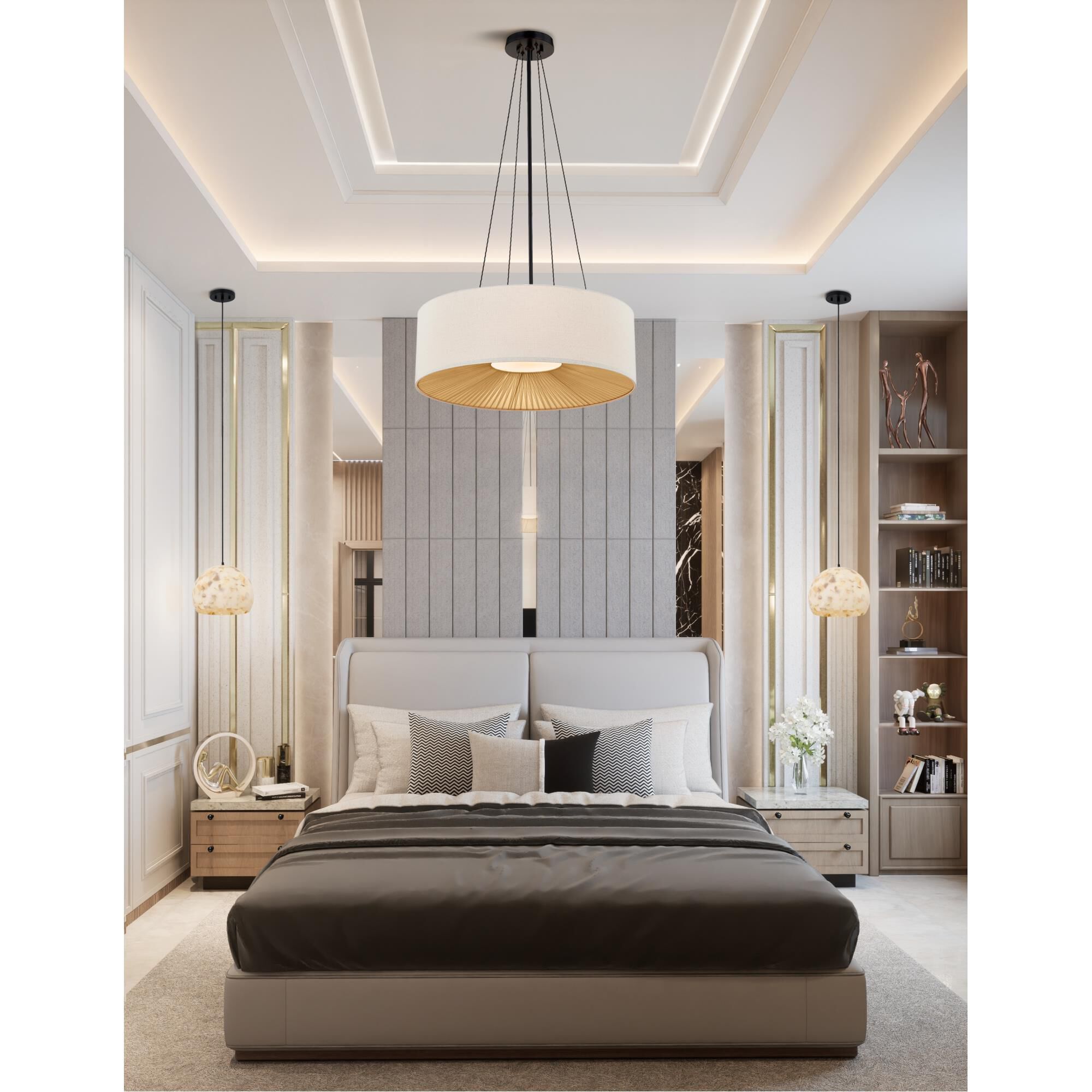 Shown in Matte Black finish and Cream Woven Fabric shade