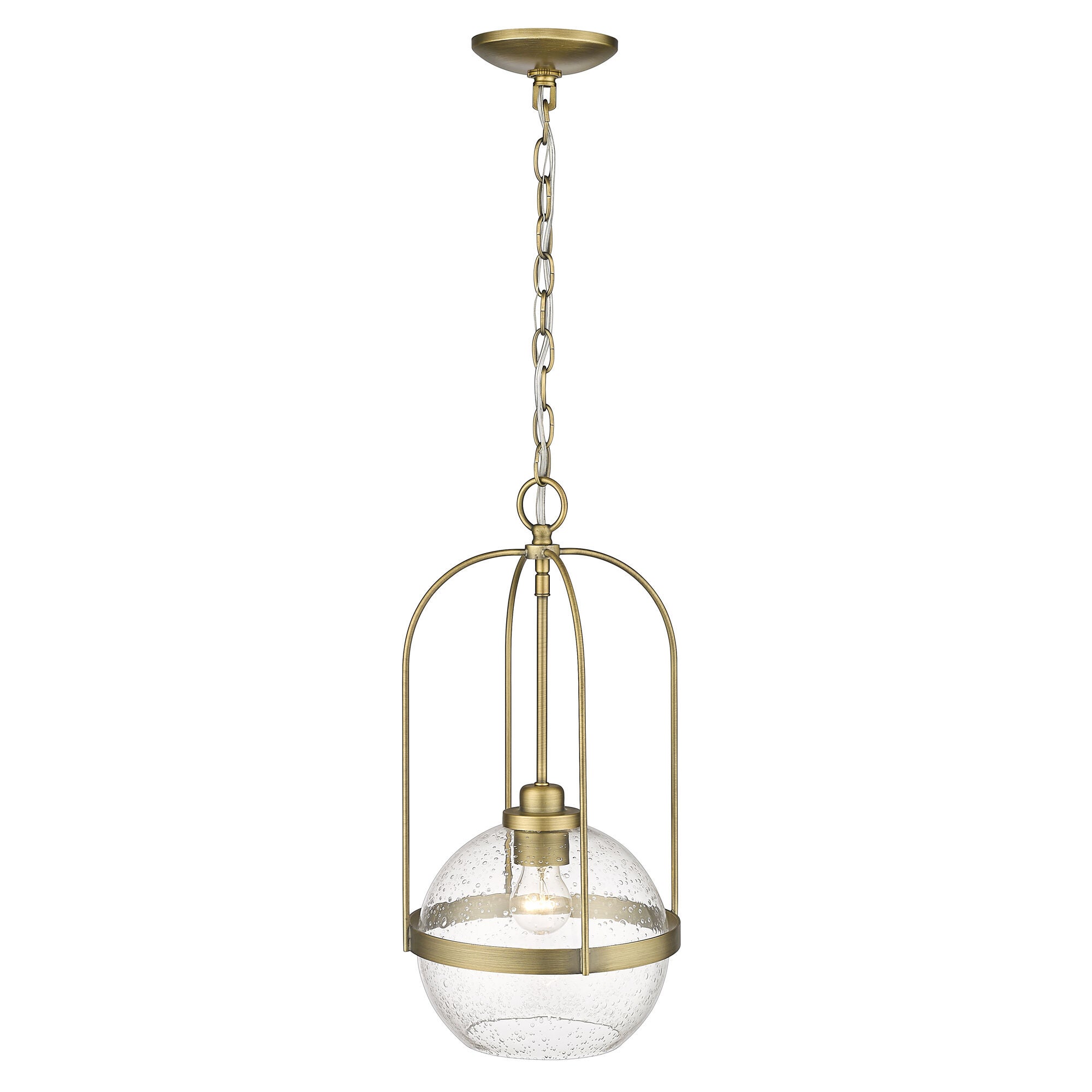 Shown in Antique Brass finish and Clear Seeded glass