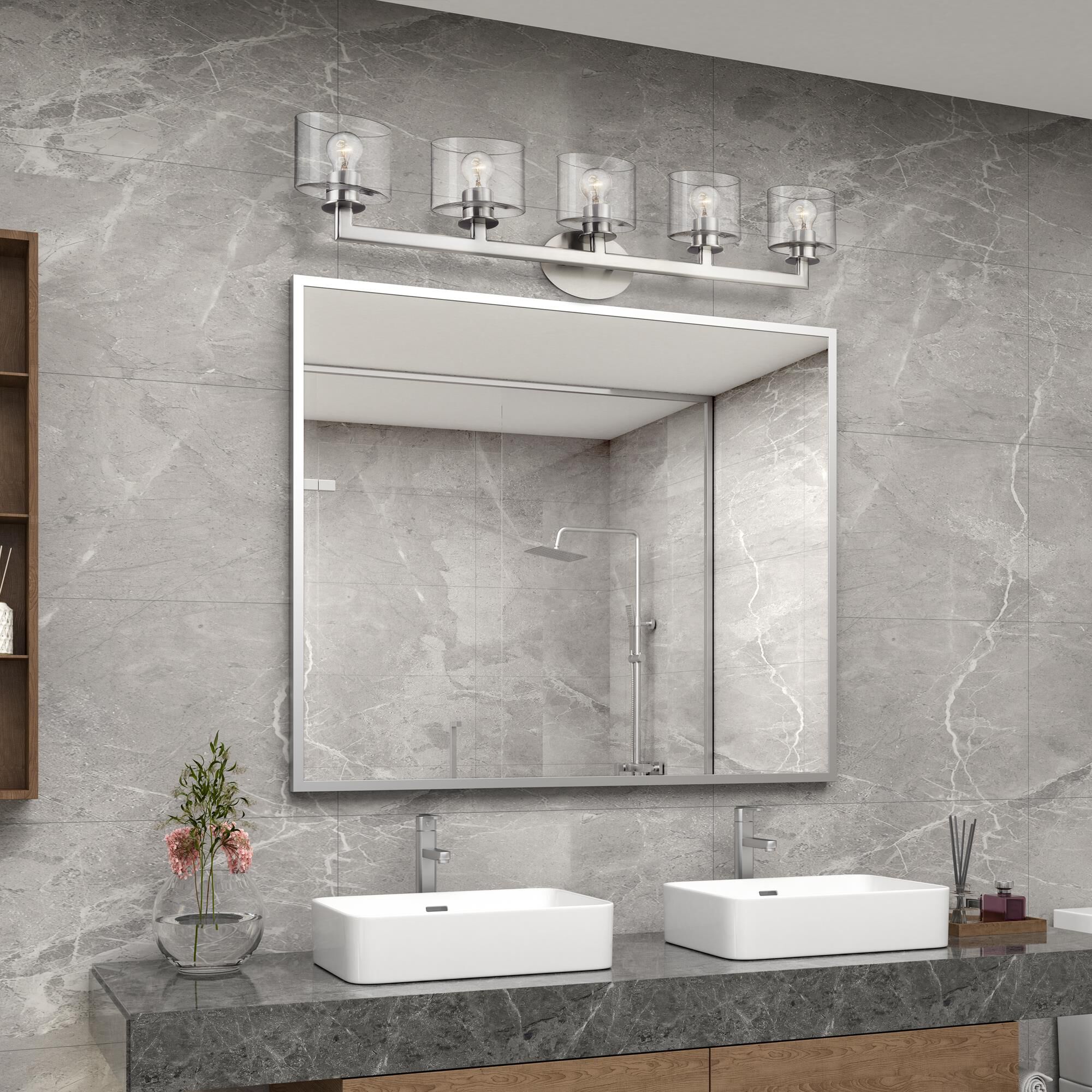 Shown in Brushed Nickel finish and Mouth Blown Clear glass
