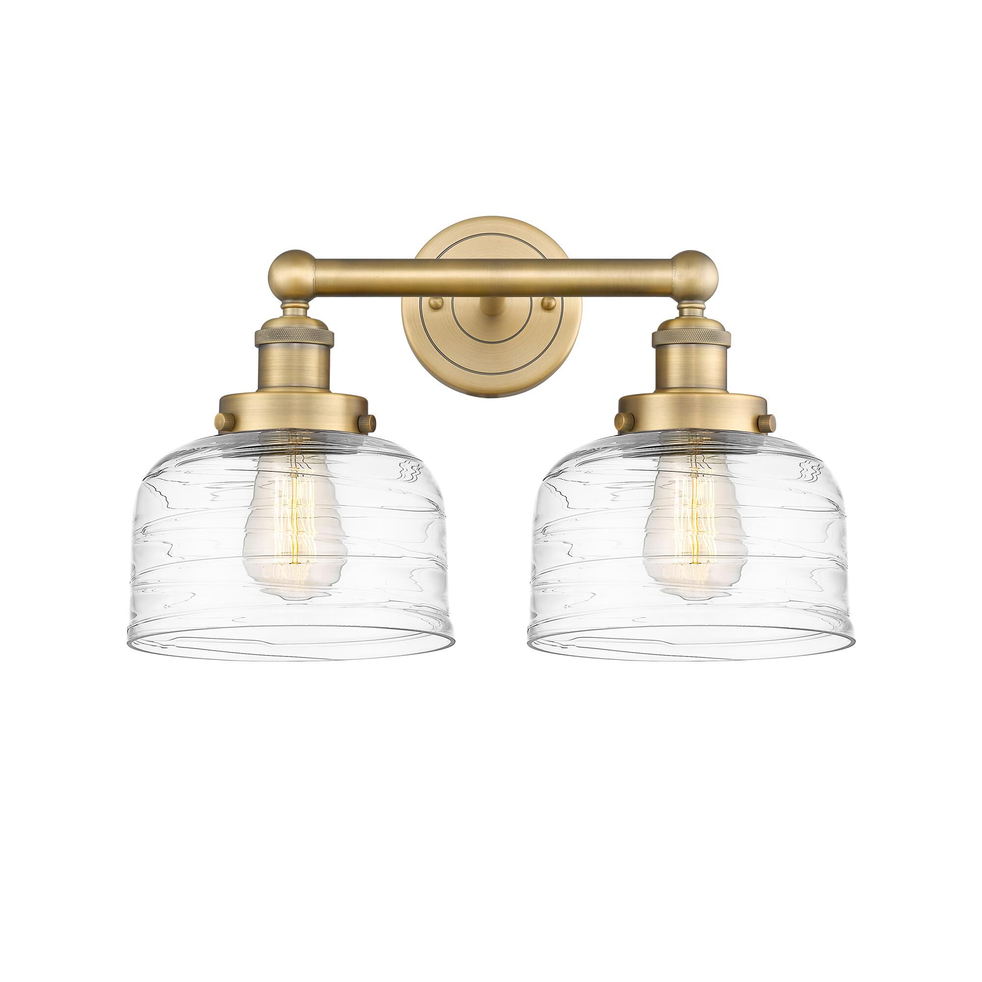 Shown in Brushed Brass finish and Clear Deco Swirl glass