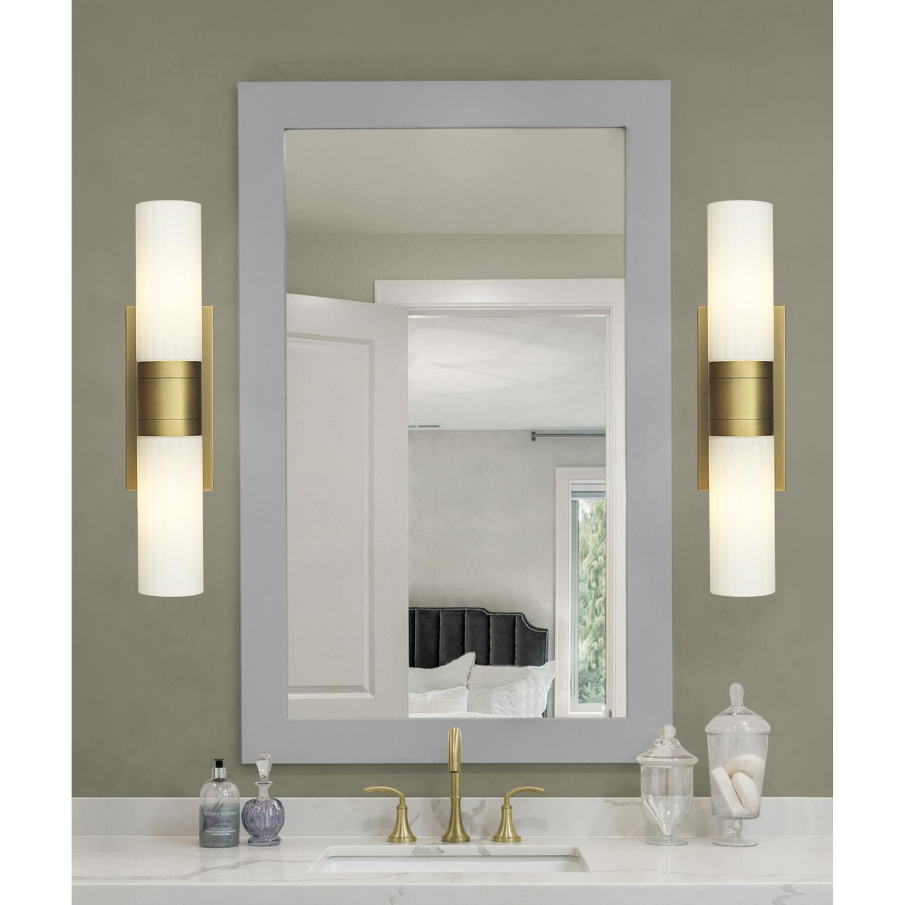 Shown in Brushed Brass finish and Matte White glass