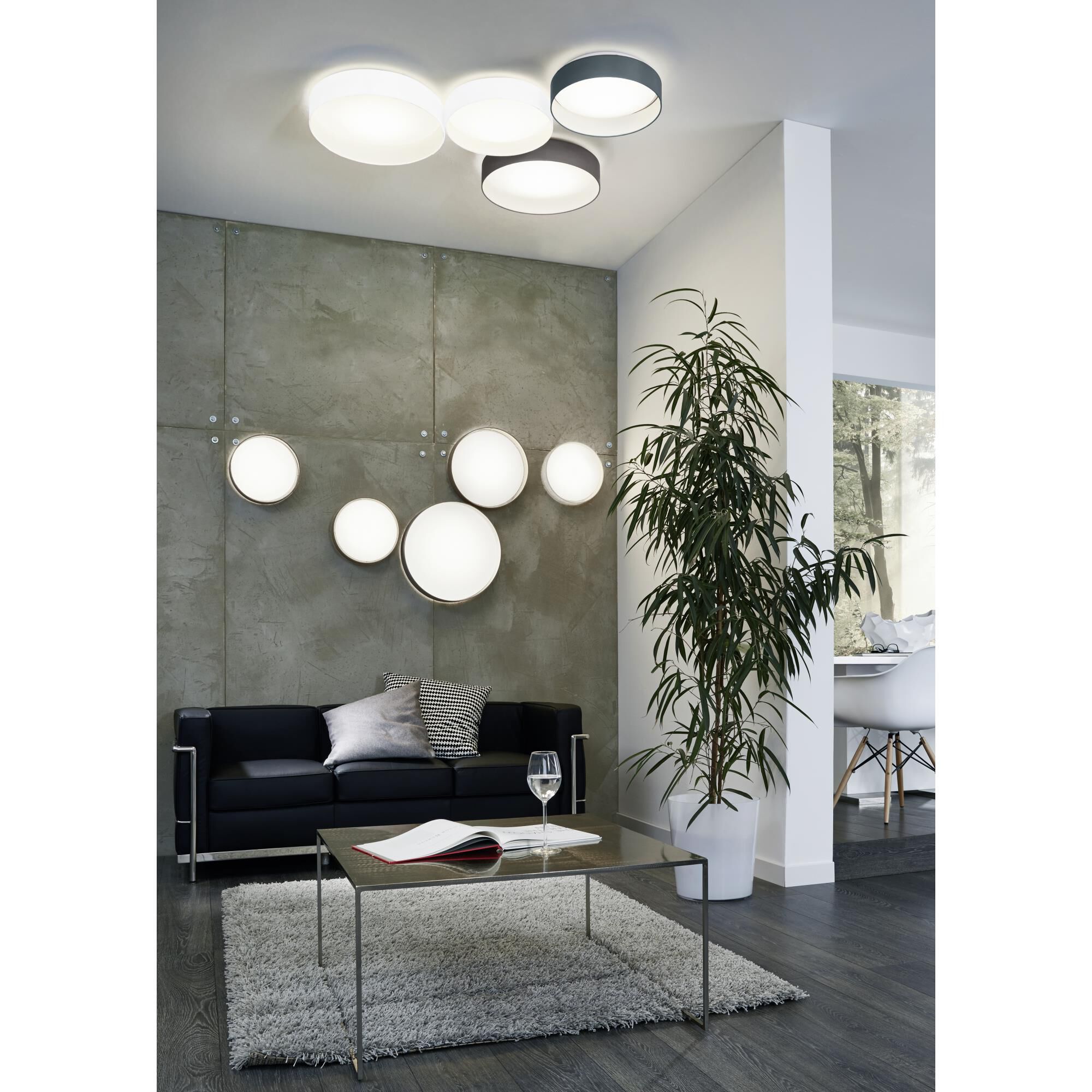 Shown in Charcoal Grey finish and White glass and Drum shade