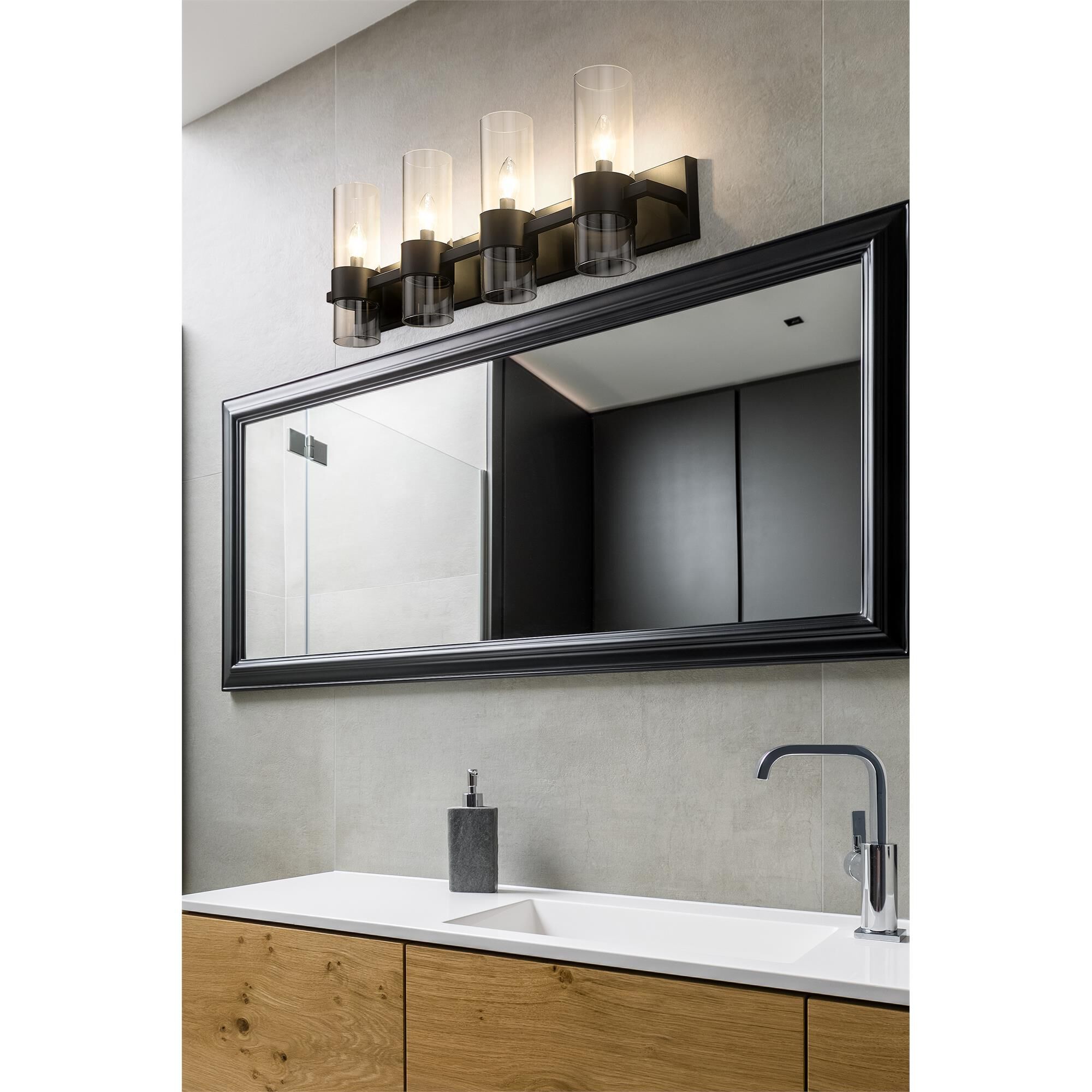 Shown in Matte Black finish and Clear glass and Clear shade