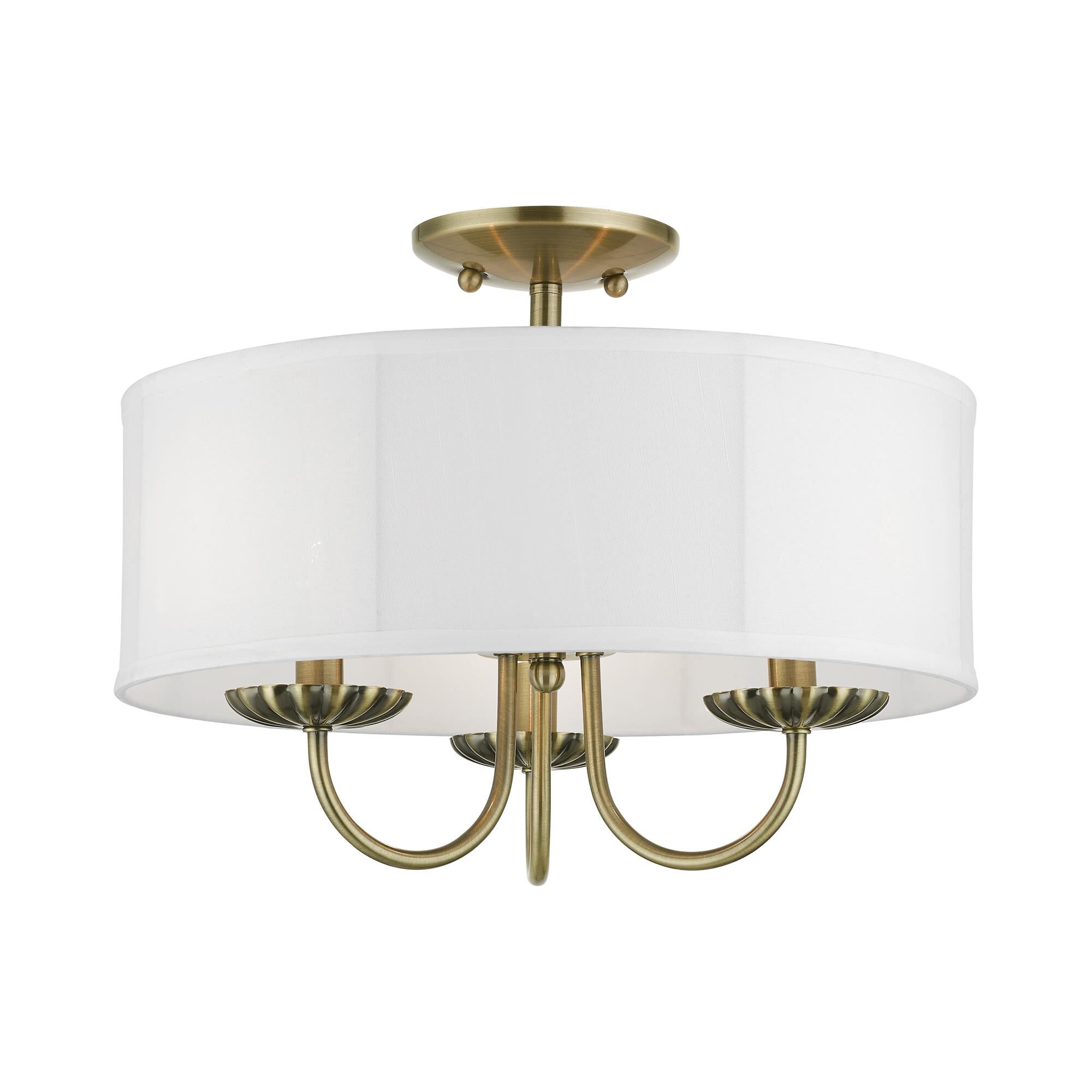 Shown in Antique Brass finish and Off-White Fabric Hardback with White Fabric Inside shade