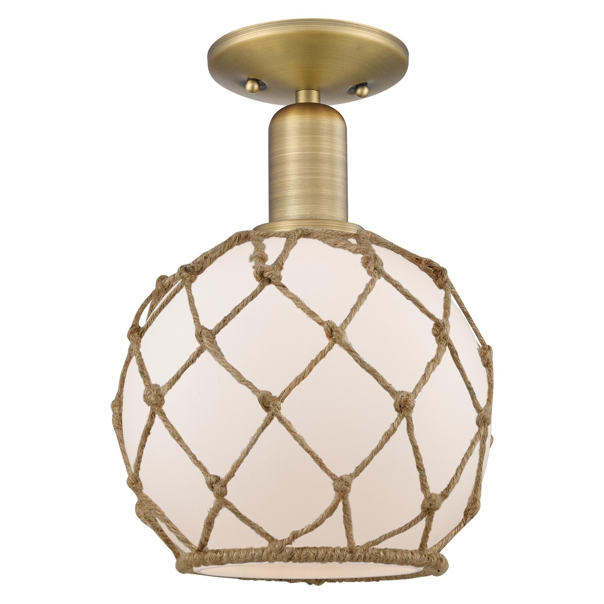Shown in Brushed Brass finish and White with Brown Rope glass