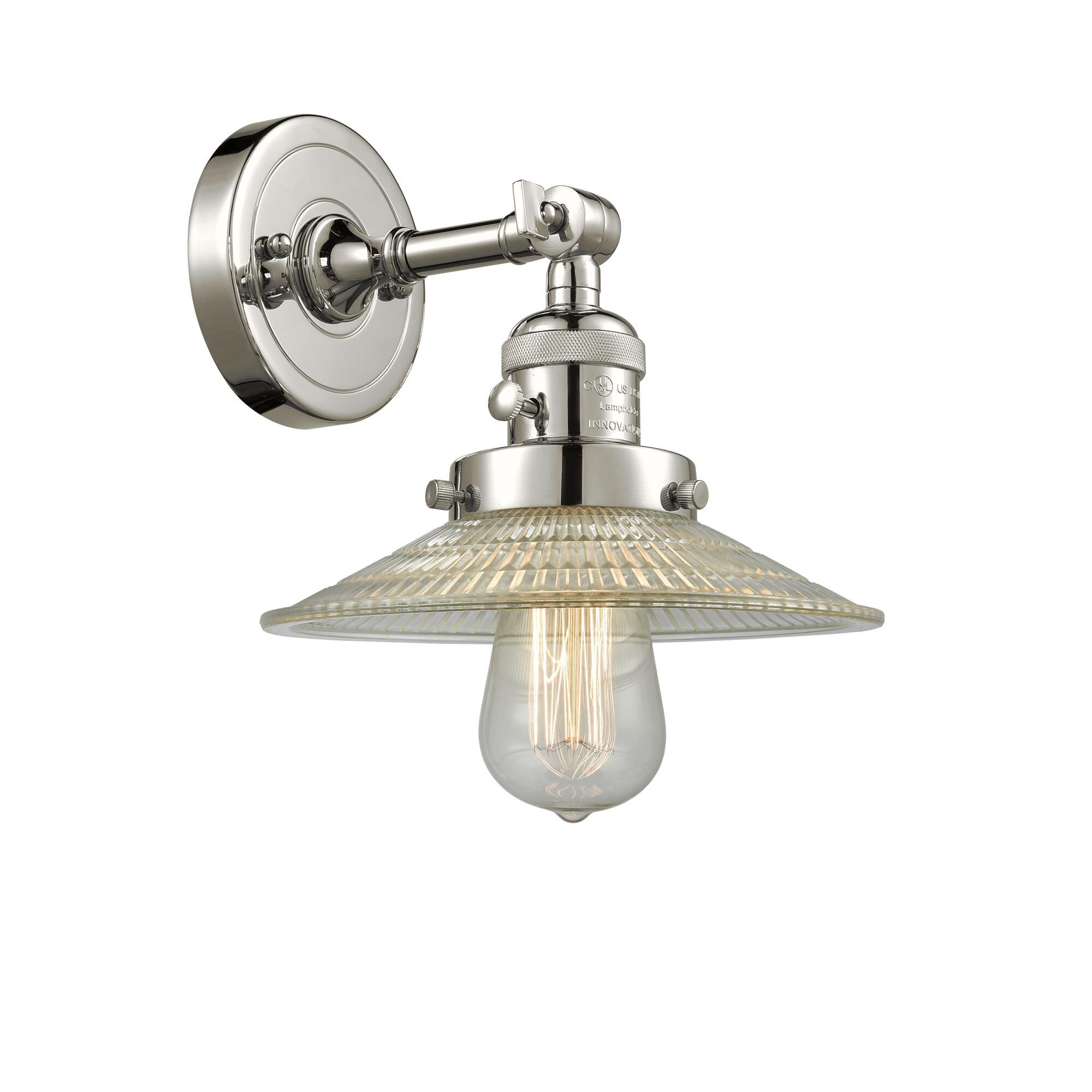 Shown in Polished Nickel finish and Clear Halophane glass