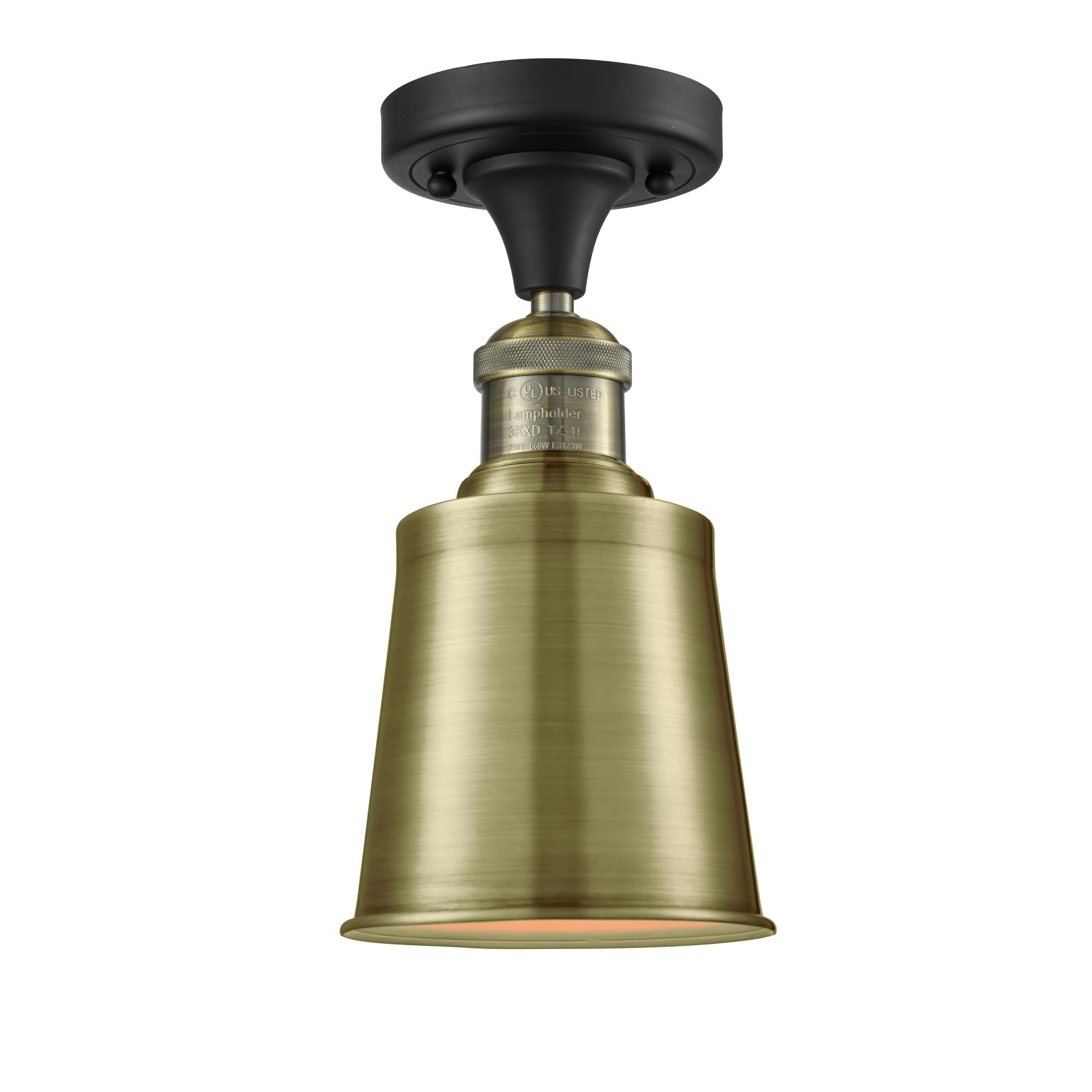 Shown in Black Antique Brass finish and Cone glass and Metal shade