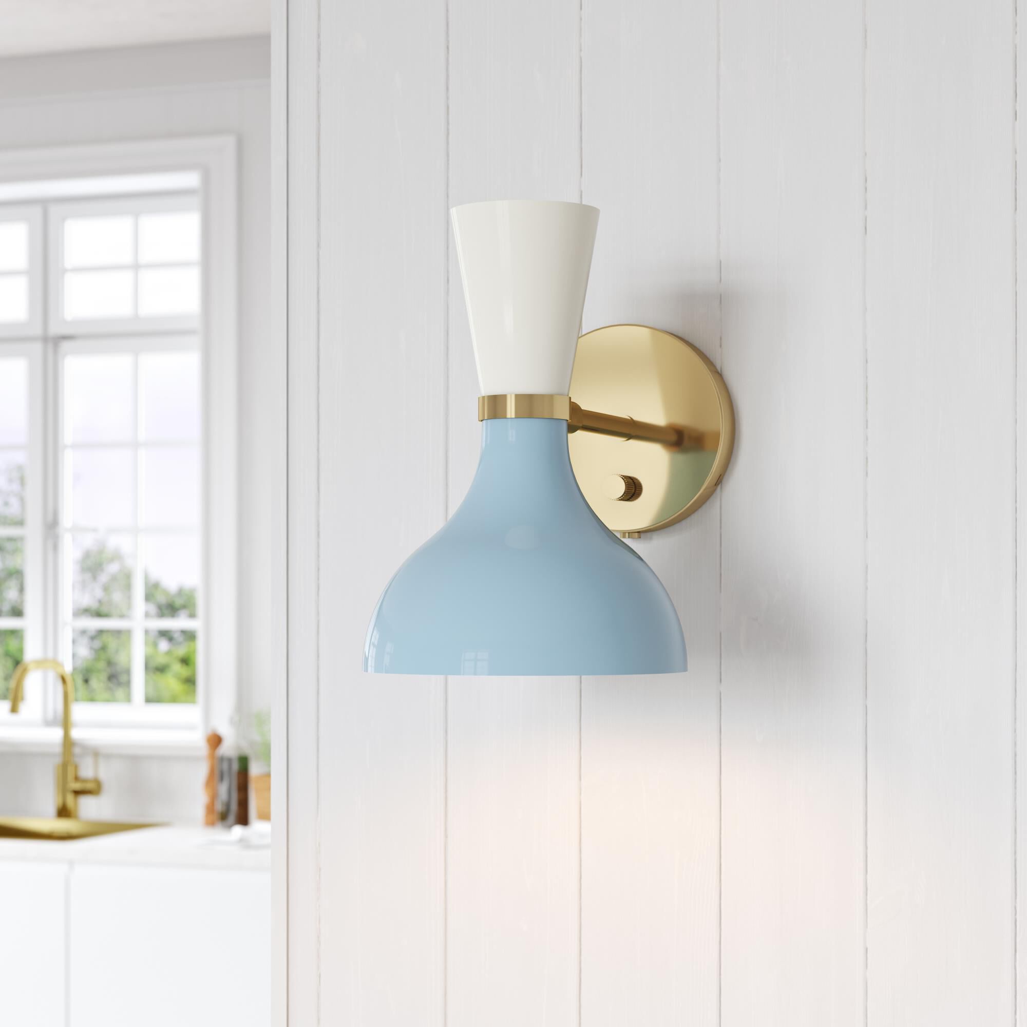 Shown in Modern Brass finish and Baby Blue and Lily shade