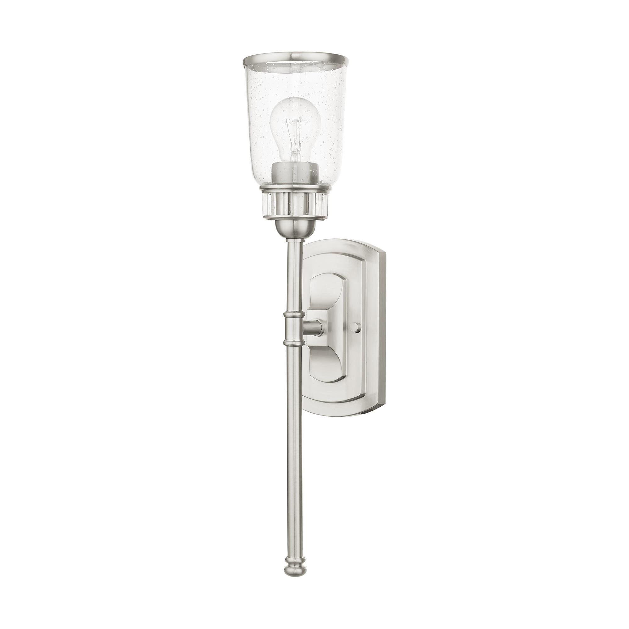 Shown in Brushed Nickel finish and Hand Blown Clear Seeded glass and Hand Blown Clear Seeded Glass shade