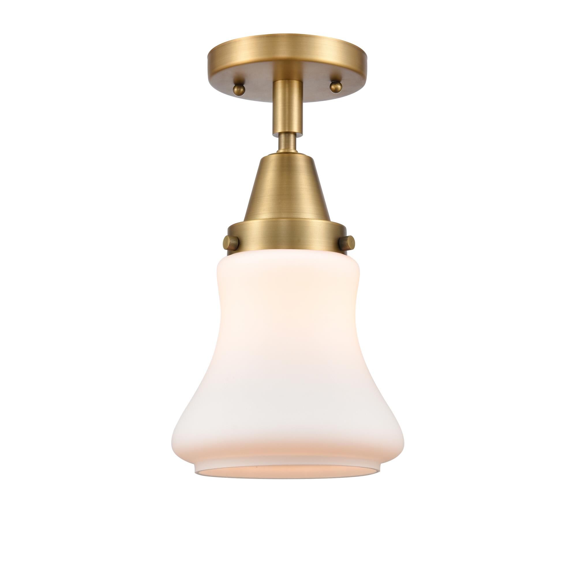 Shown in Brushed Brass finish and Matte White Bellmont glass