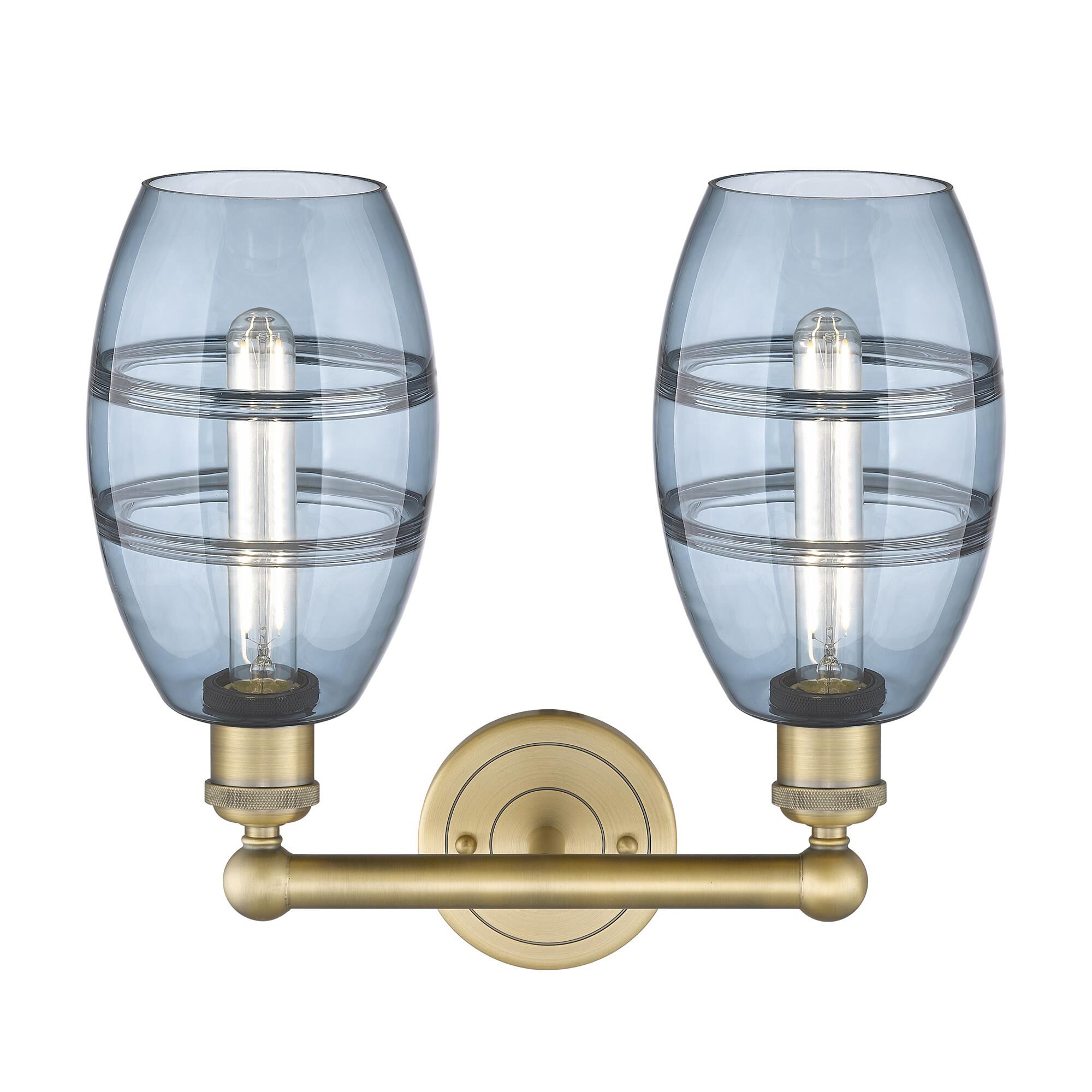 Shown in Brushed Brass finish and Princess Blue glass