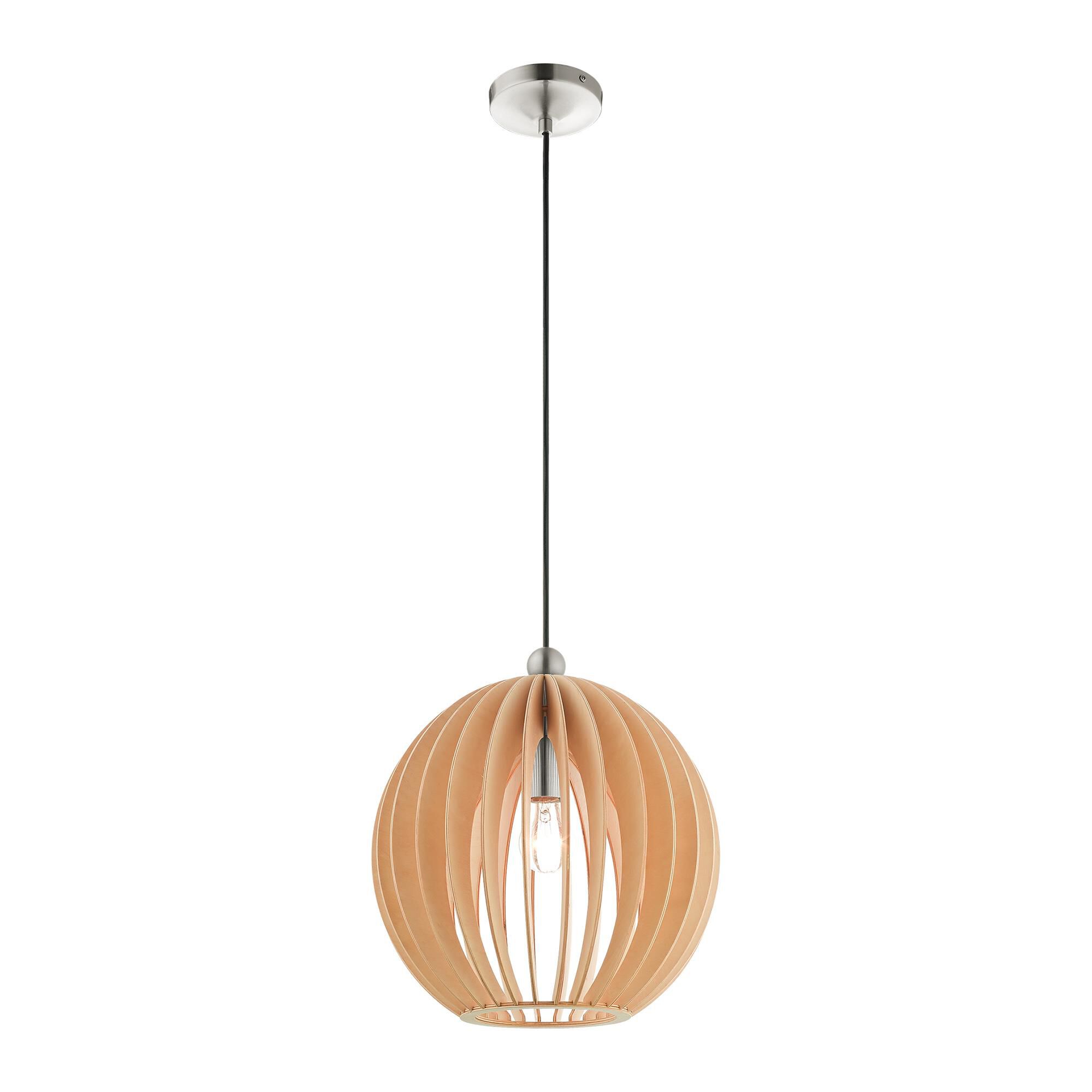 Shown in Brushed Nickel finish and Round Wood Shade glass and Round Wood shade