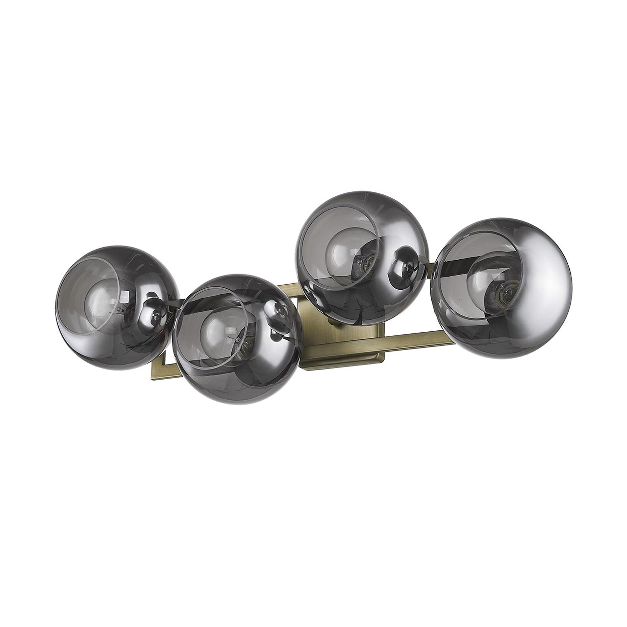 Shown in Aged Brass finish and Smoke glass and Smoke Glass Globes shade