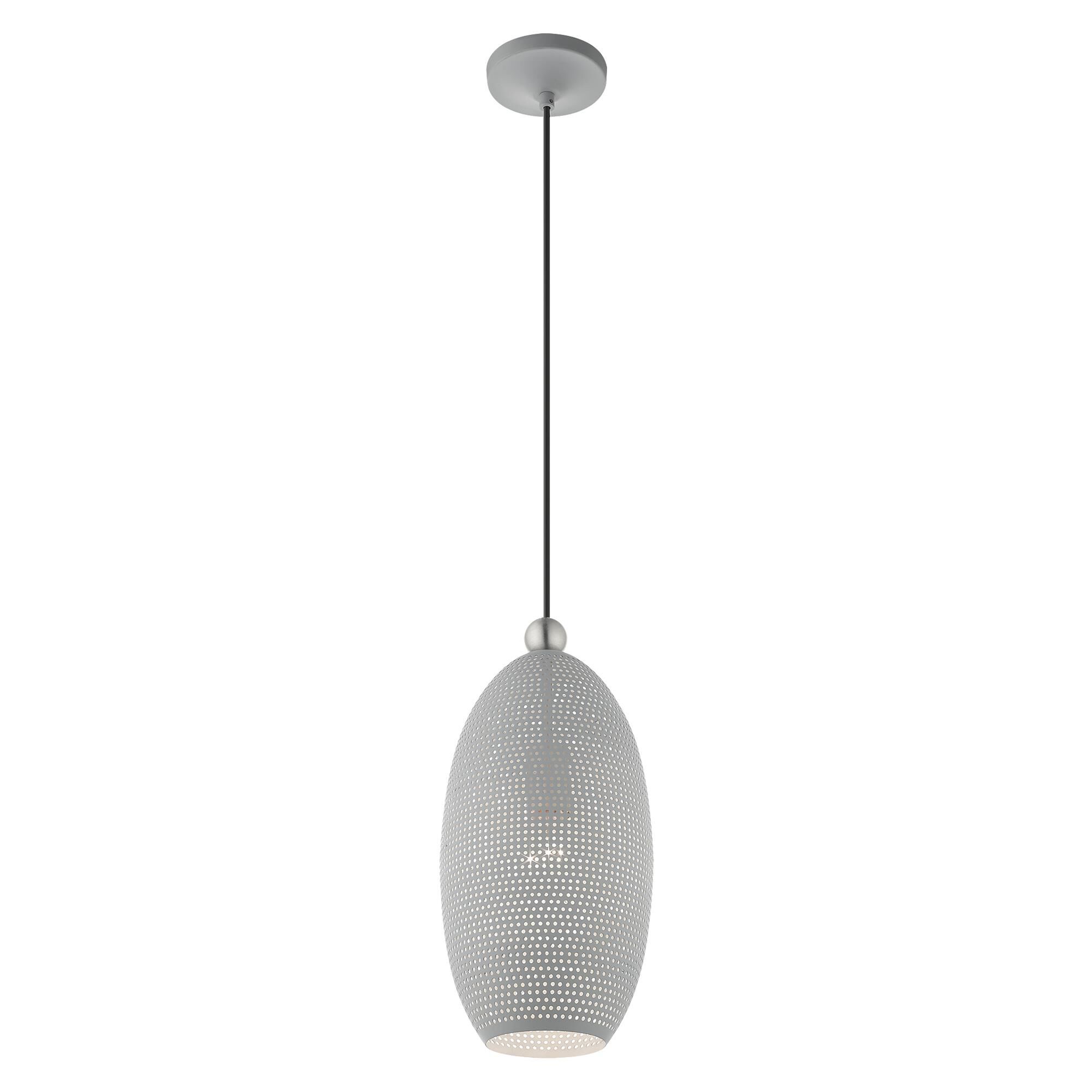 Shown in Nordic Gray With Brushed Nickel Accents finish and Nordic Gray Ornamental Metal Shade With White Finish Inside glass and Nordic Gray Ornamental Metal  With White Finish Inside shade