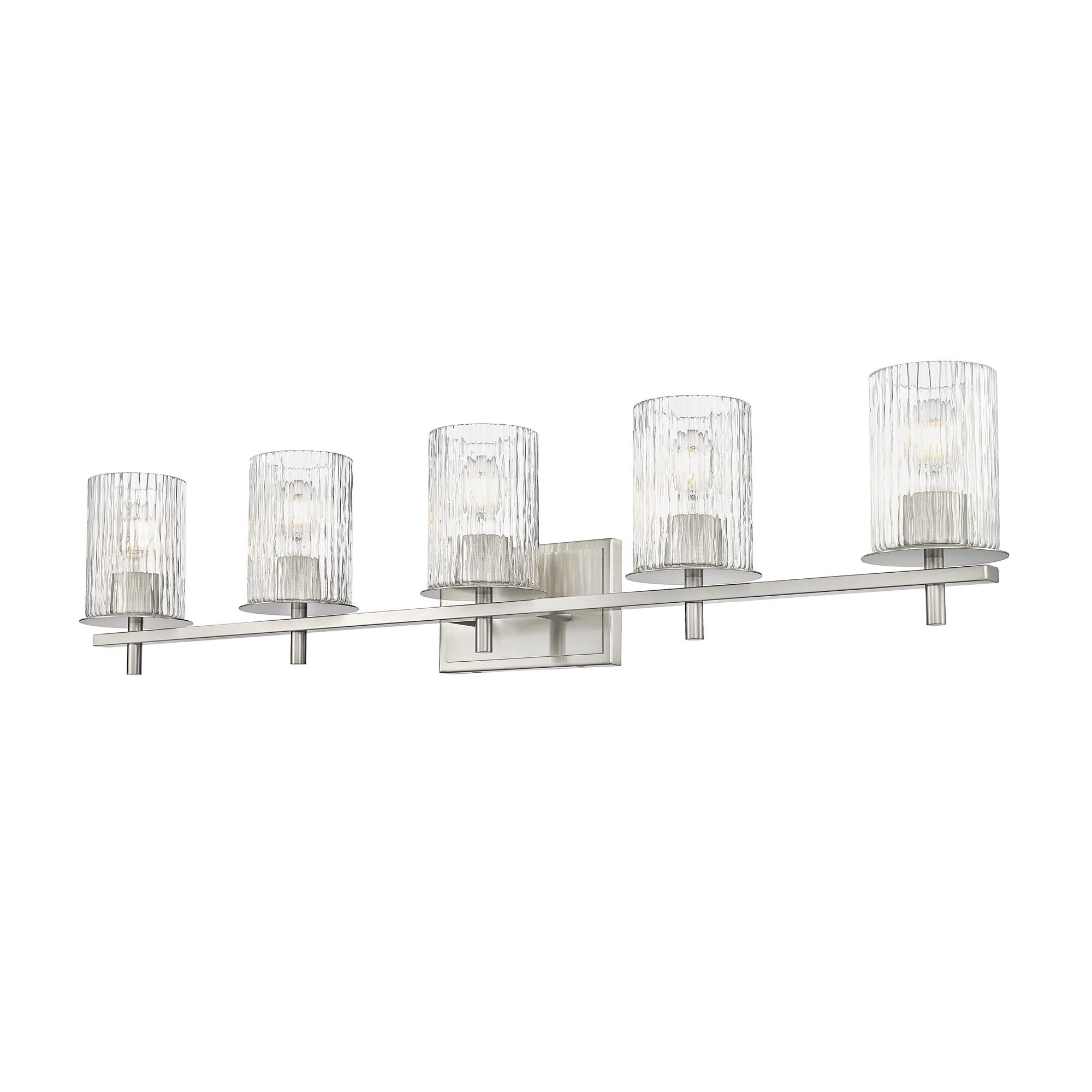 Shown in Brushed Nickel finish and Clear + Etched Opal glass and Clear + Etched Opal shade