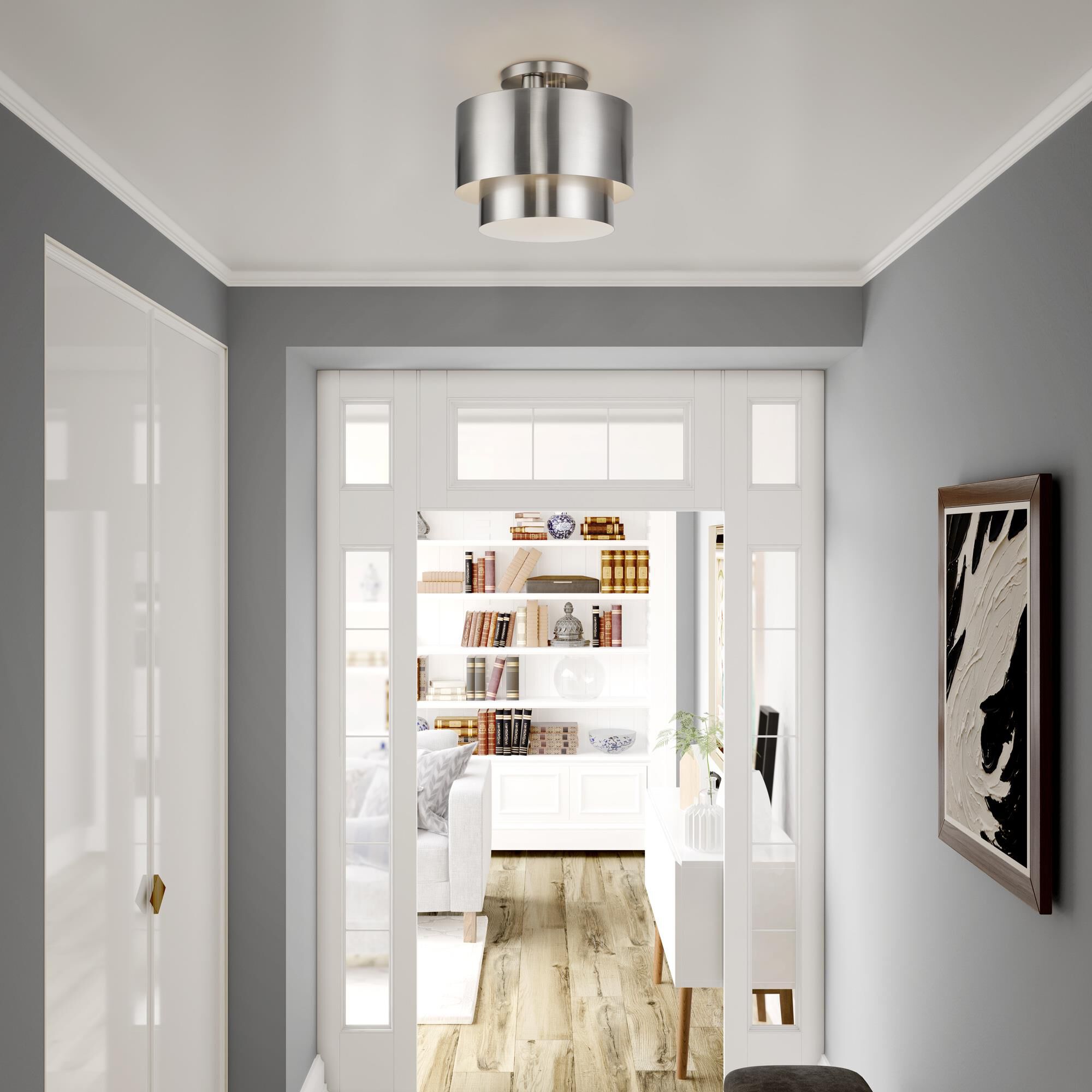 Shown in Brushed Nickel finish and Brushed Nickel Steel with Shiny White Inside shade