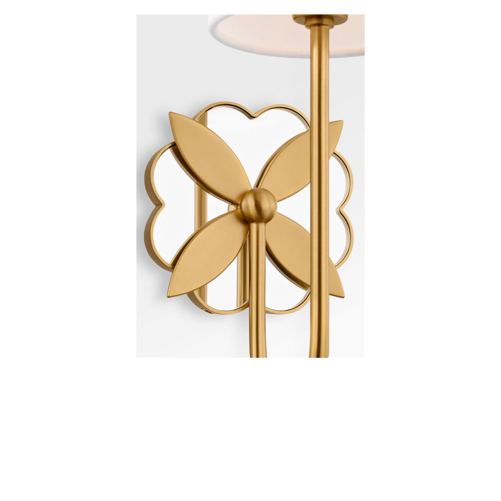 Shown in Burnished Brass finish and White Linen Fabric shade