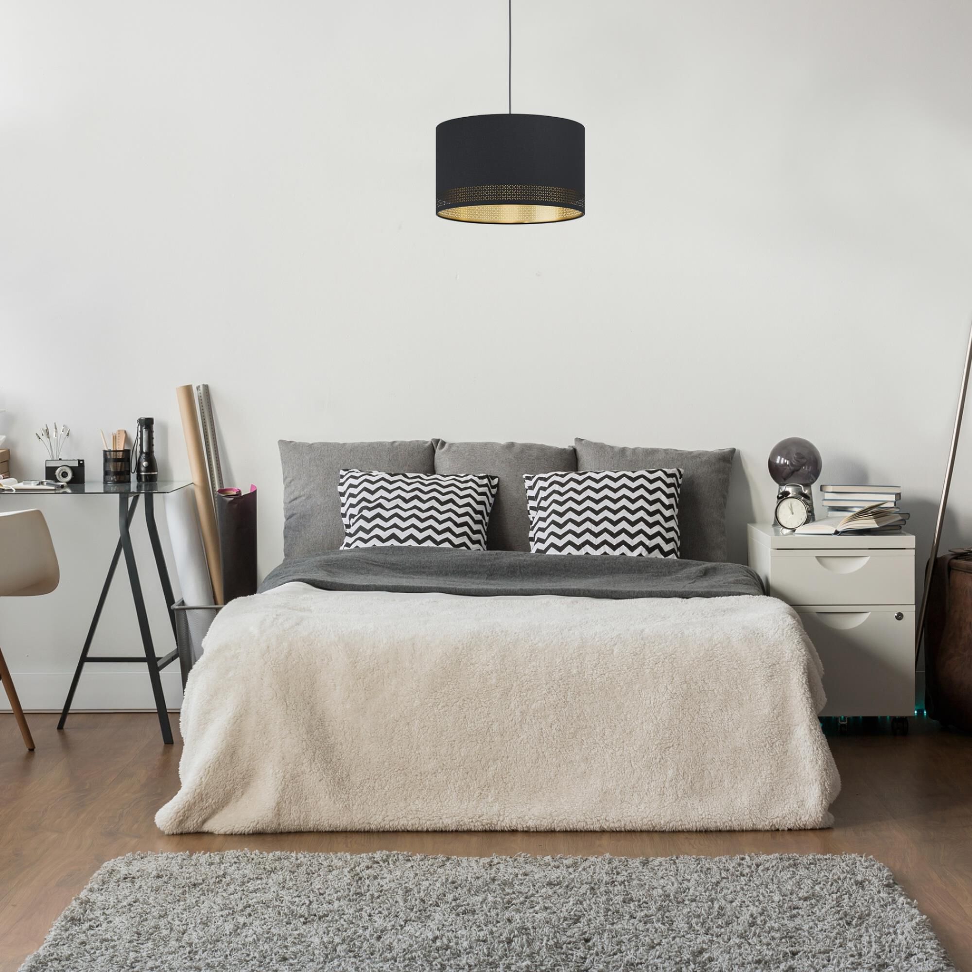 Shown in Black finish and Black Exterior and Gold Interior Fabric shade