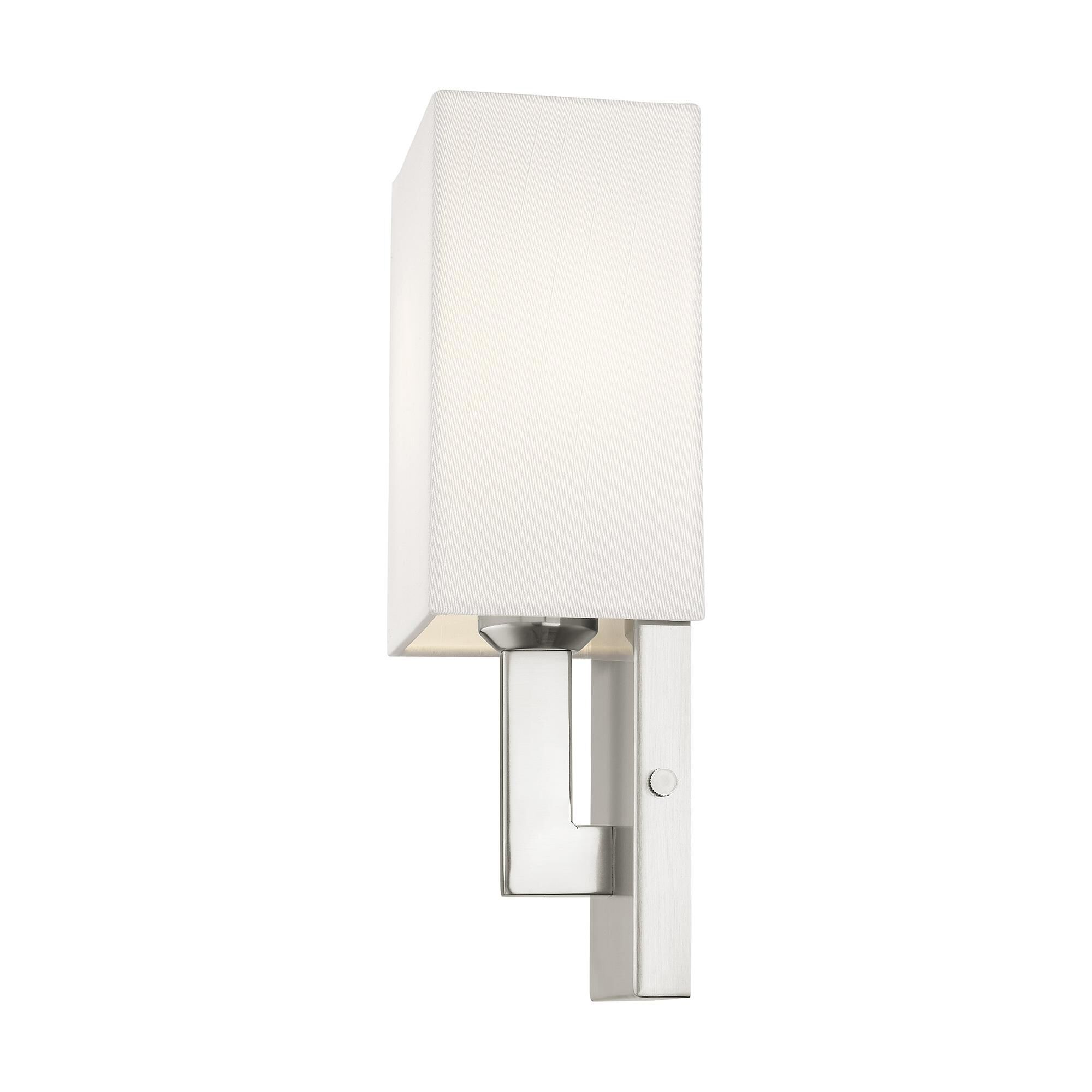 Shown in Brushed Nickel finish and Hand Crafted Off White Fabric Hardback shade