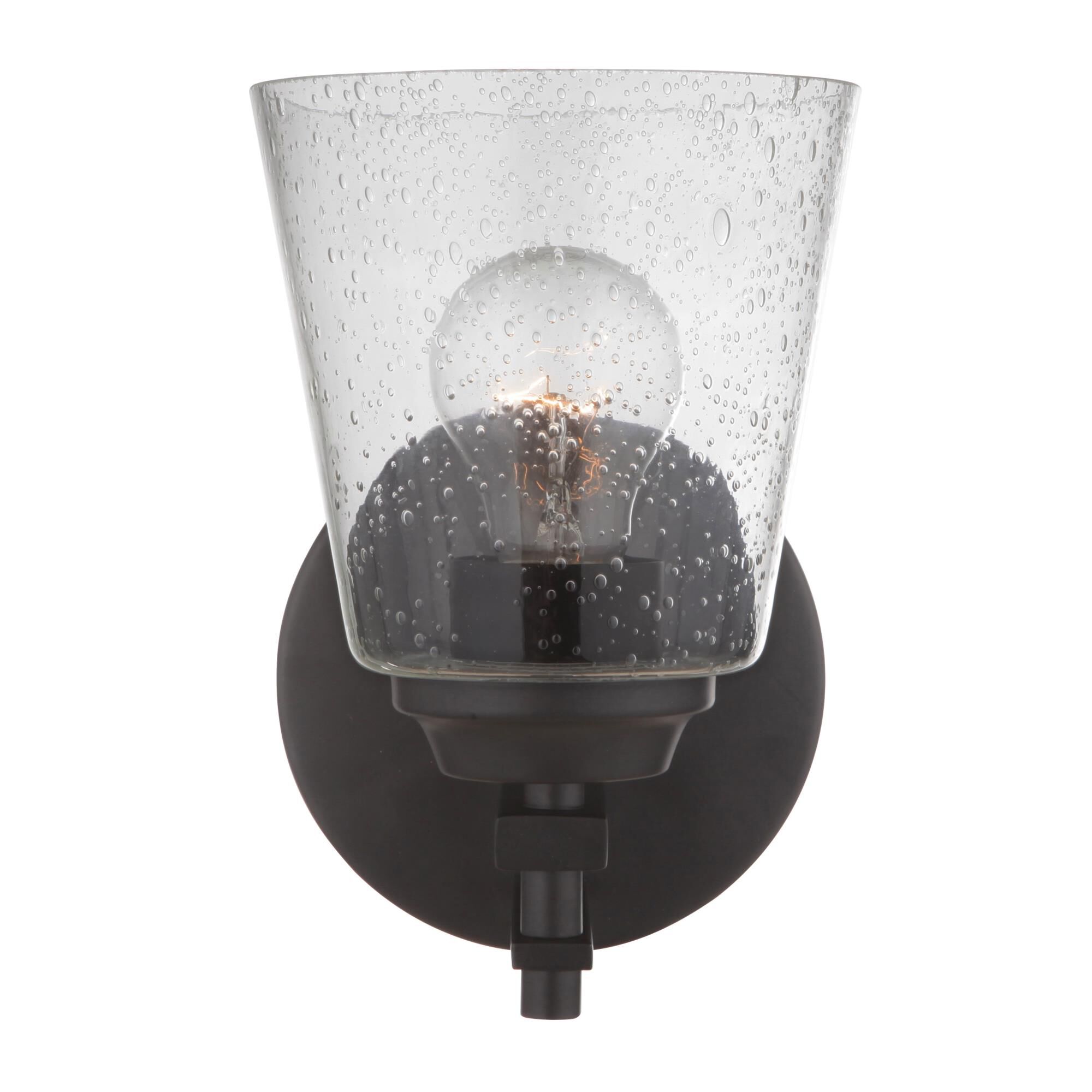 Shown in Flat Black finish and Clear Seeded glass and Glass shade