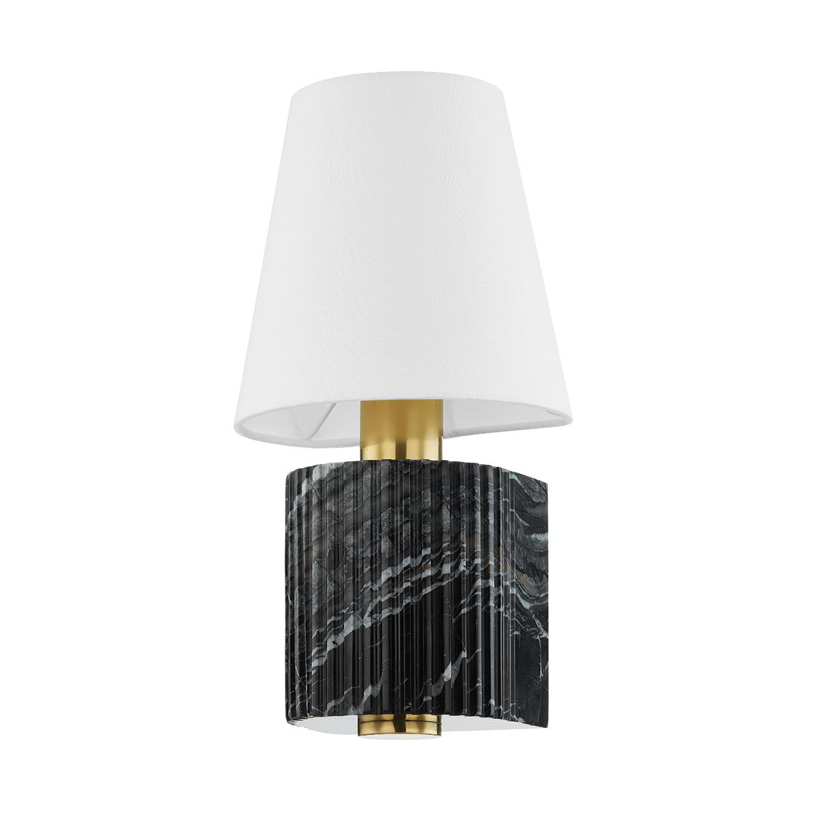 Shown in Vintage Brass and Black Marble finish and White glass