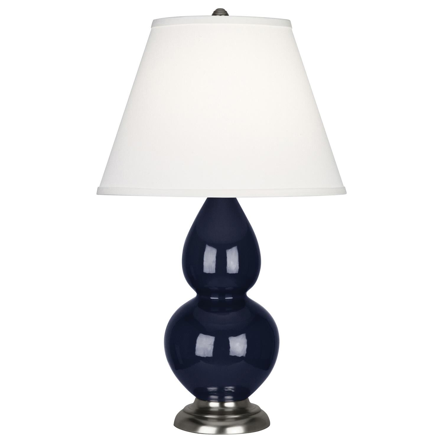 Shown in Midnight Blue Glazed Ceramic With Antique Silver ed Accents finish and Pearl Dupioni Fabric shade