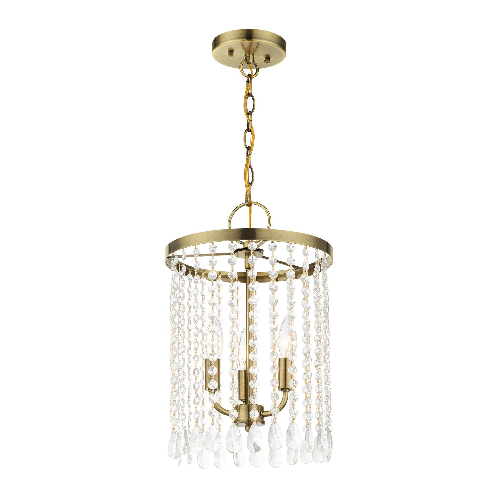 Shown in Antique Brass finish and Hand Assembled Crystal Shade glass