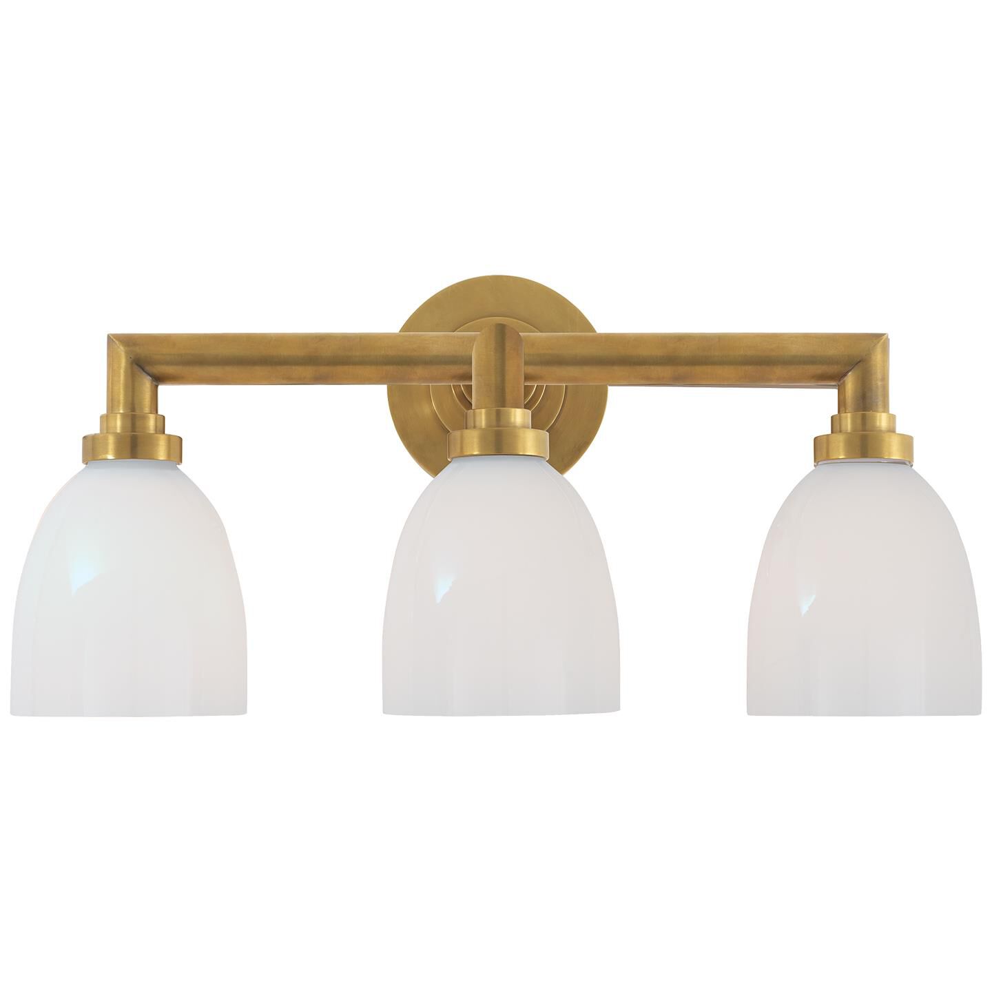 Shown in Hand-Rubbed Antique Brass finish and White glass