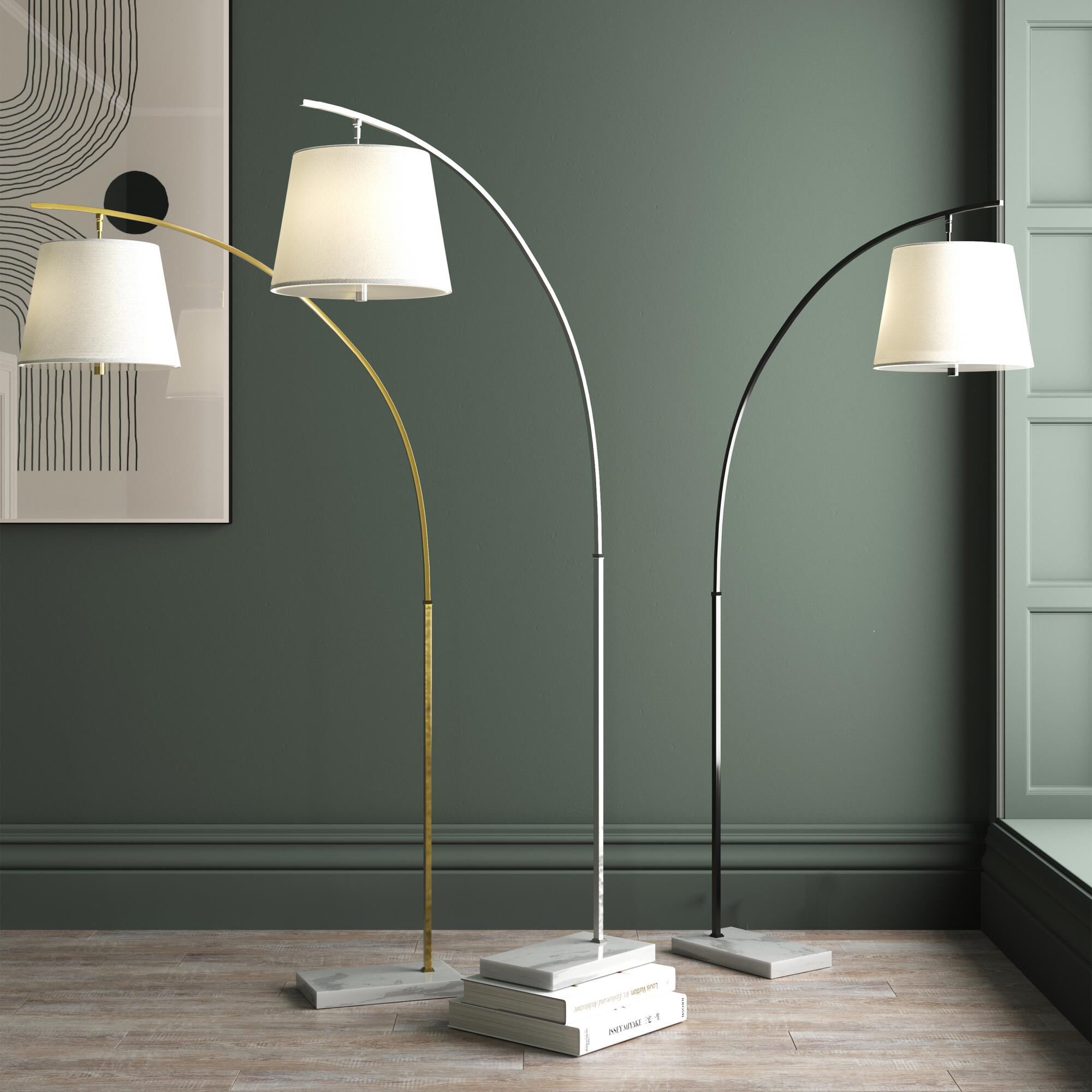Shown in Antique Brass, White finish and Off-White Shantung with White Acrylic Diffuser shade