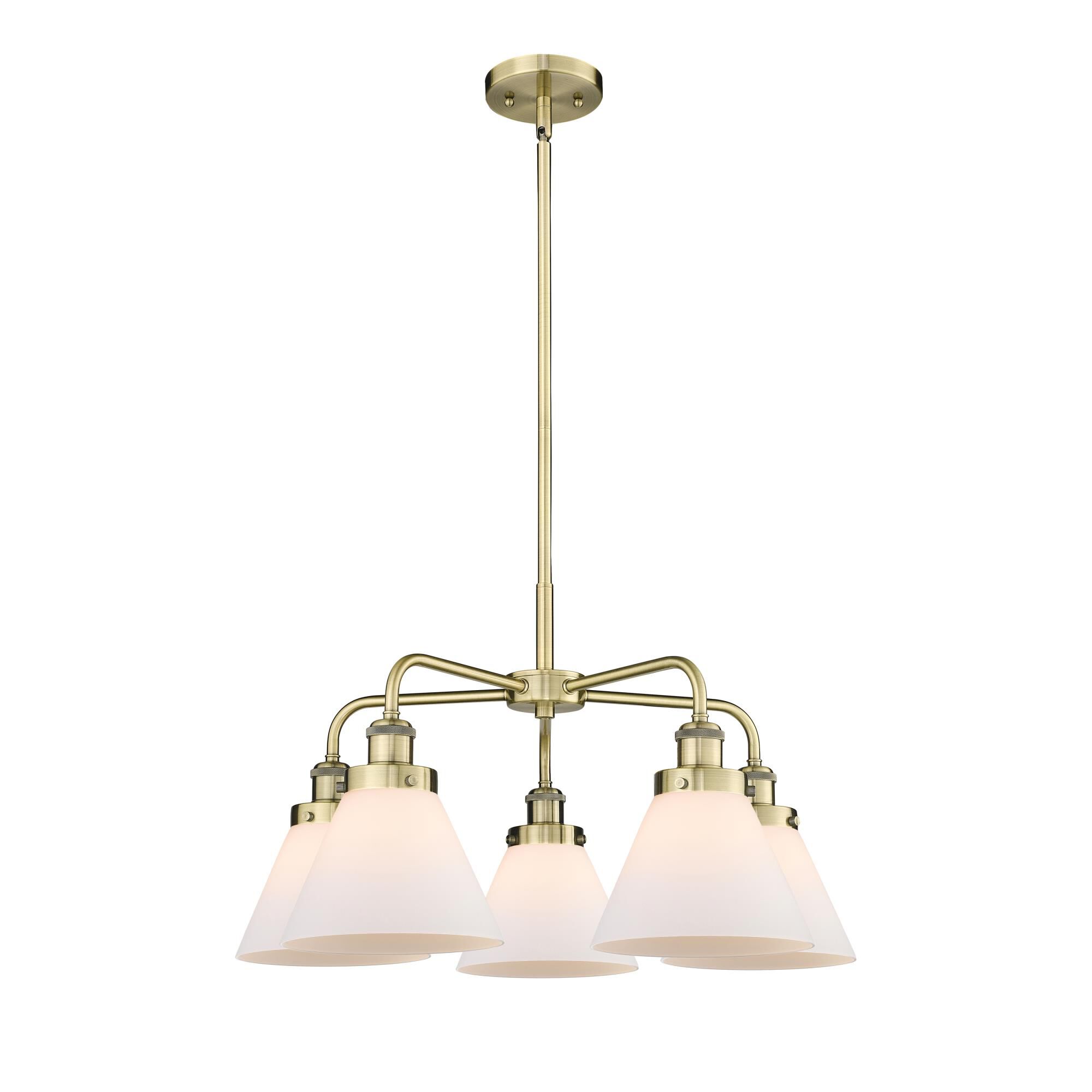 Shown in Antique Brass finish and Matte White glass