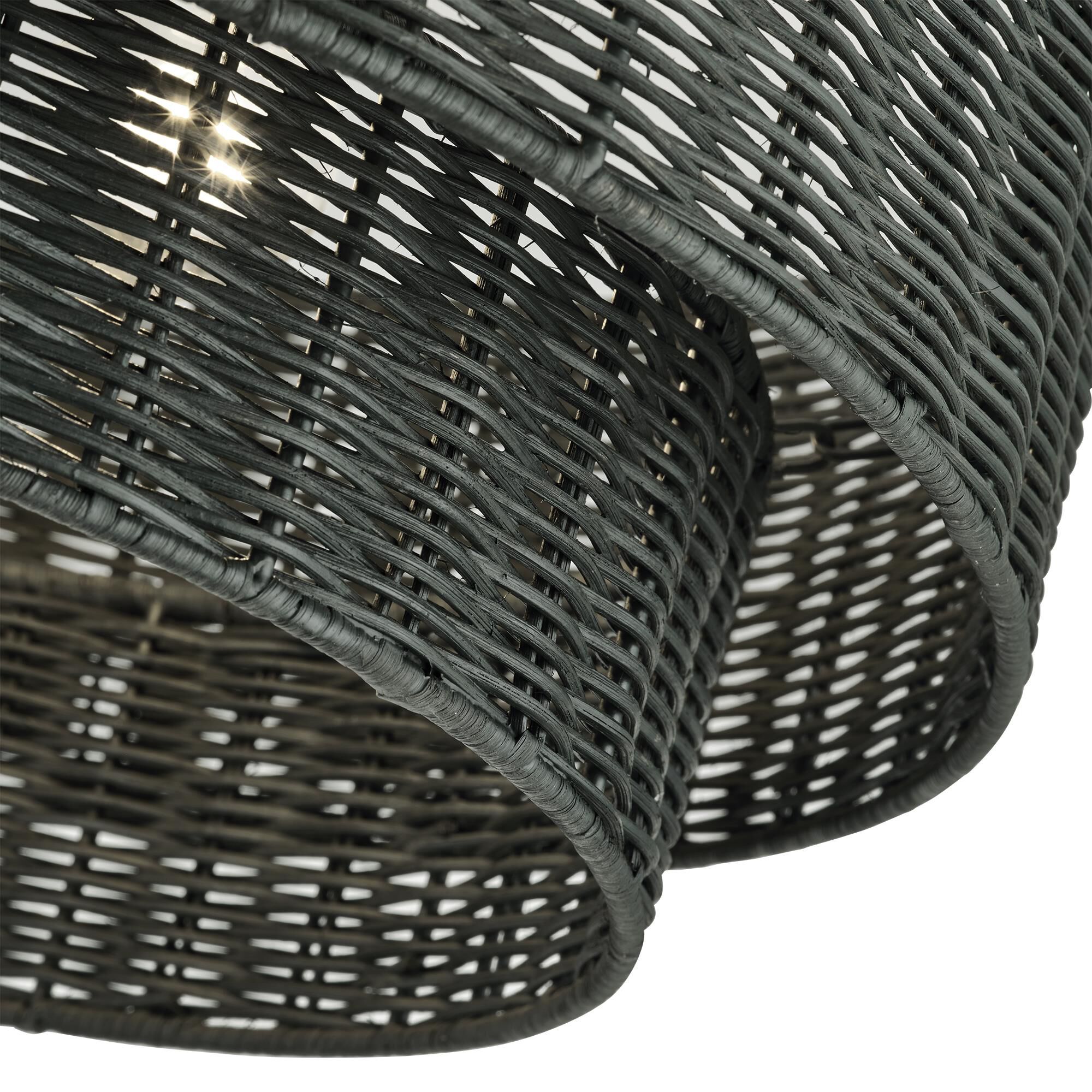 Shown in Black finish and Hand-Woven Charred Gray Color Rattan shade