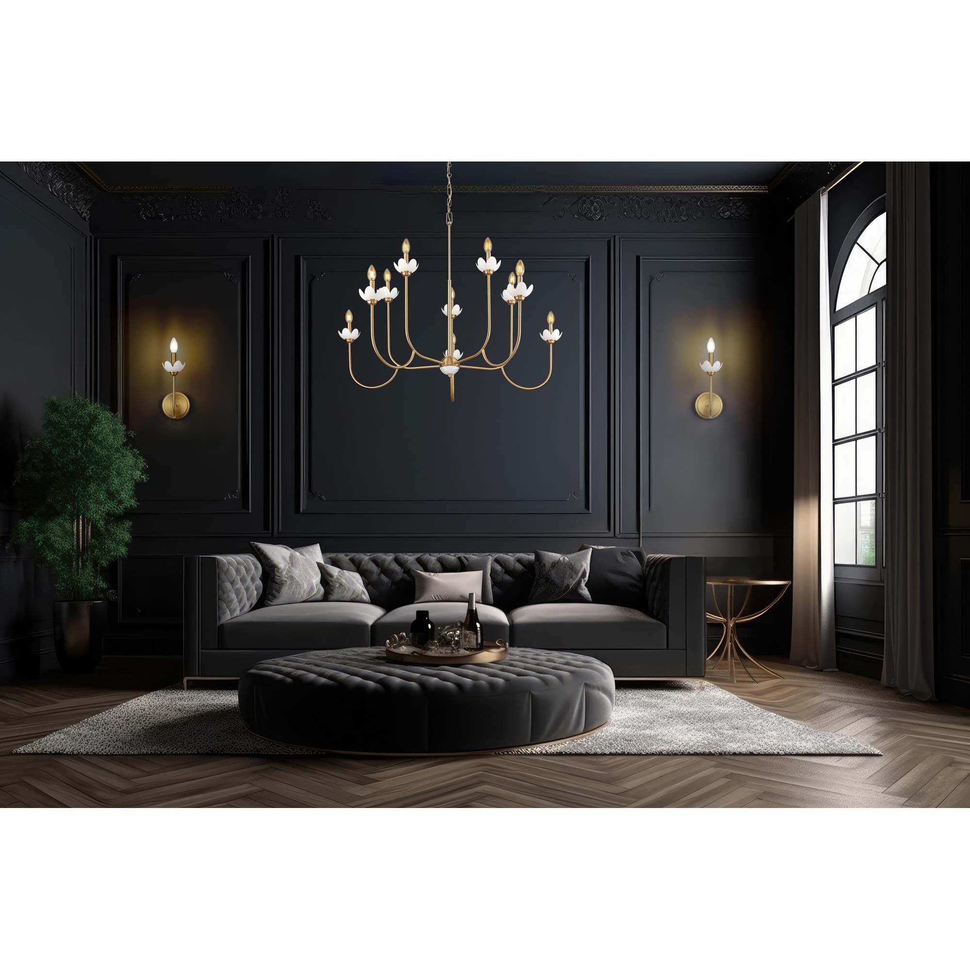 Shown in Modern Gold finish and Clear Ribbed glass and Clear Ribbed shade