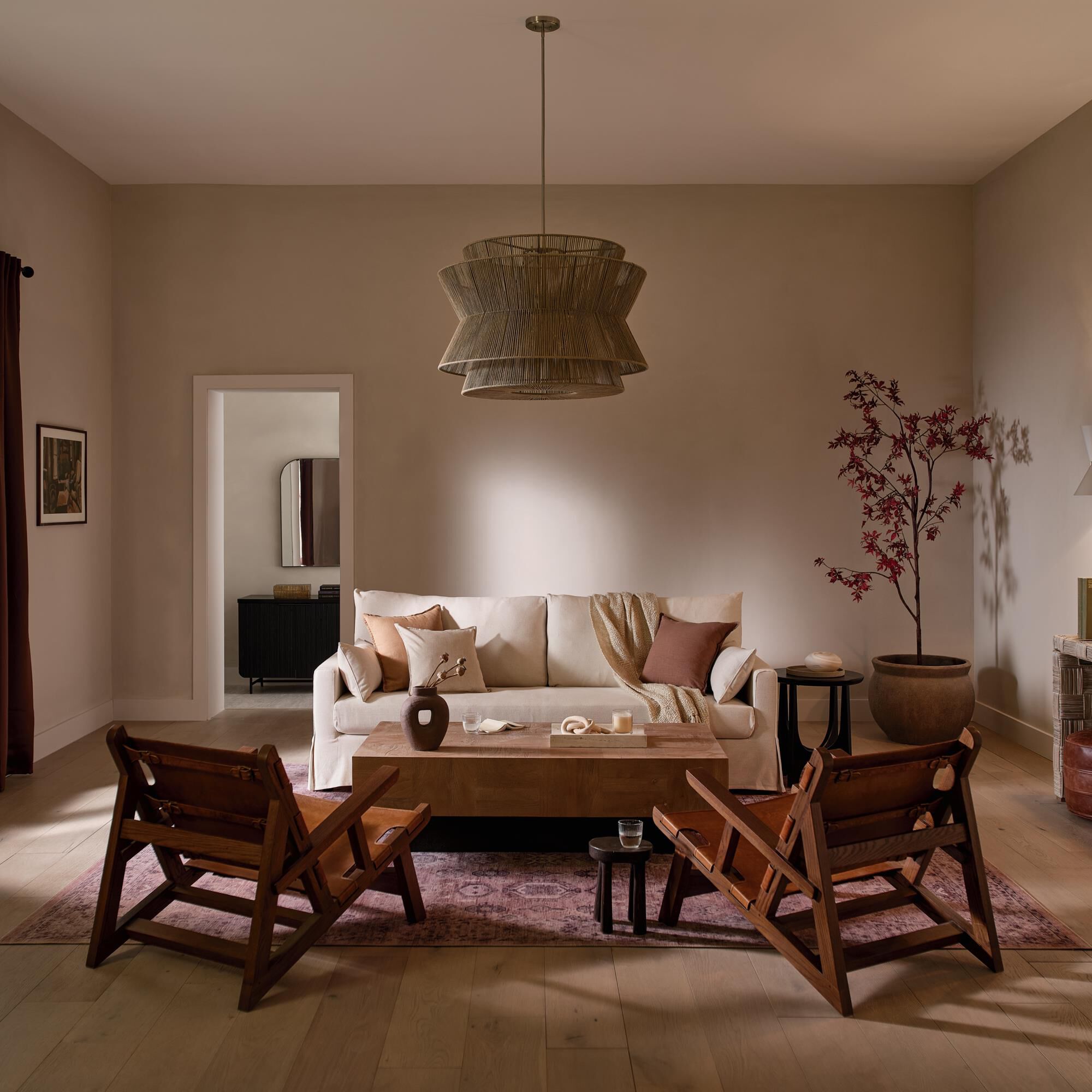 Shown in Champagne Bronze finish and Natural Fibers Textured shade