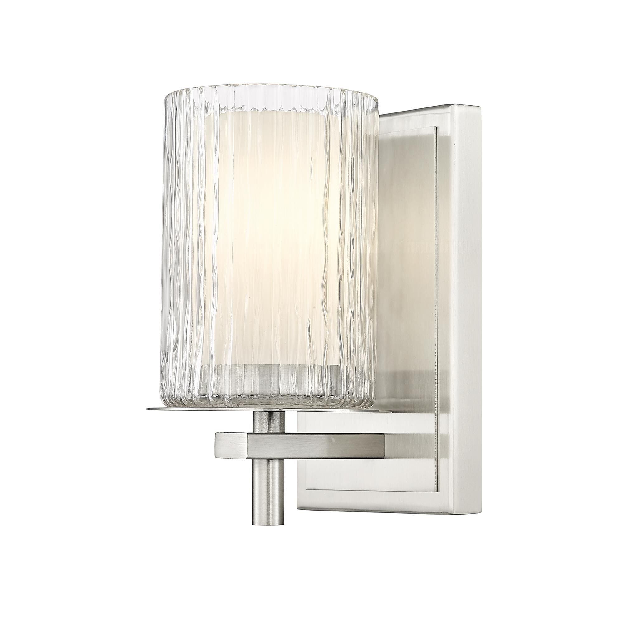 Shown in Brushed Nickel finish and Clear + Etched Opal glass and Clear + Etched Opal shade