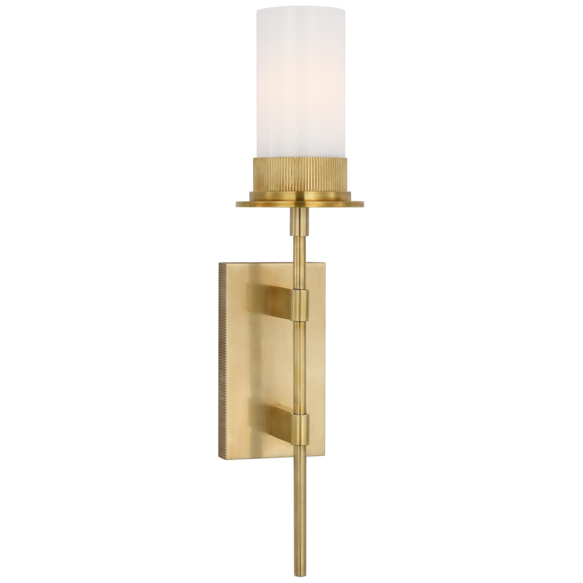 Shown in Antique Brass finish and White glass
