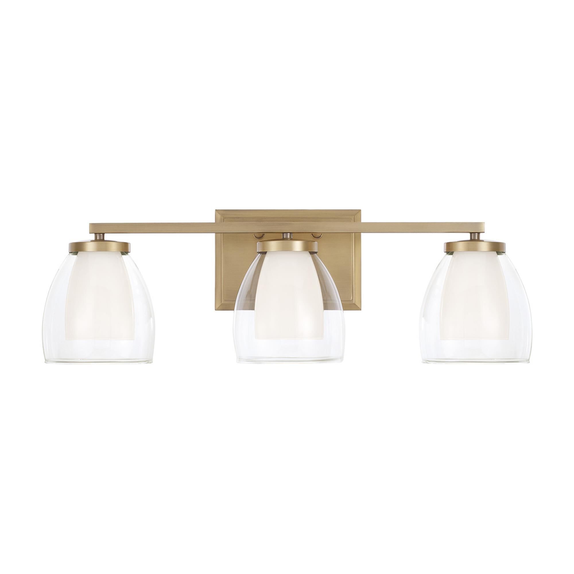 Shown in Aged Brass finish and Layered White And Clear glass